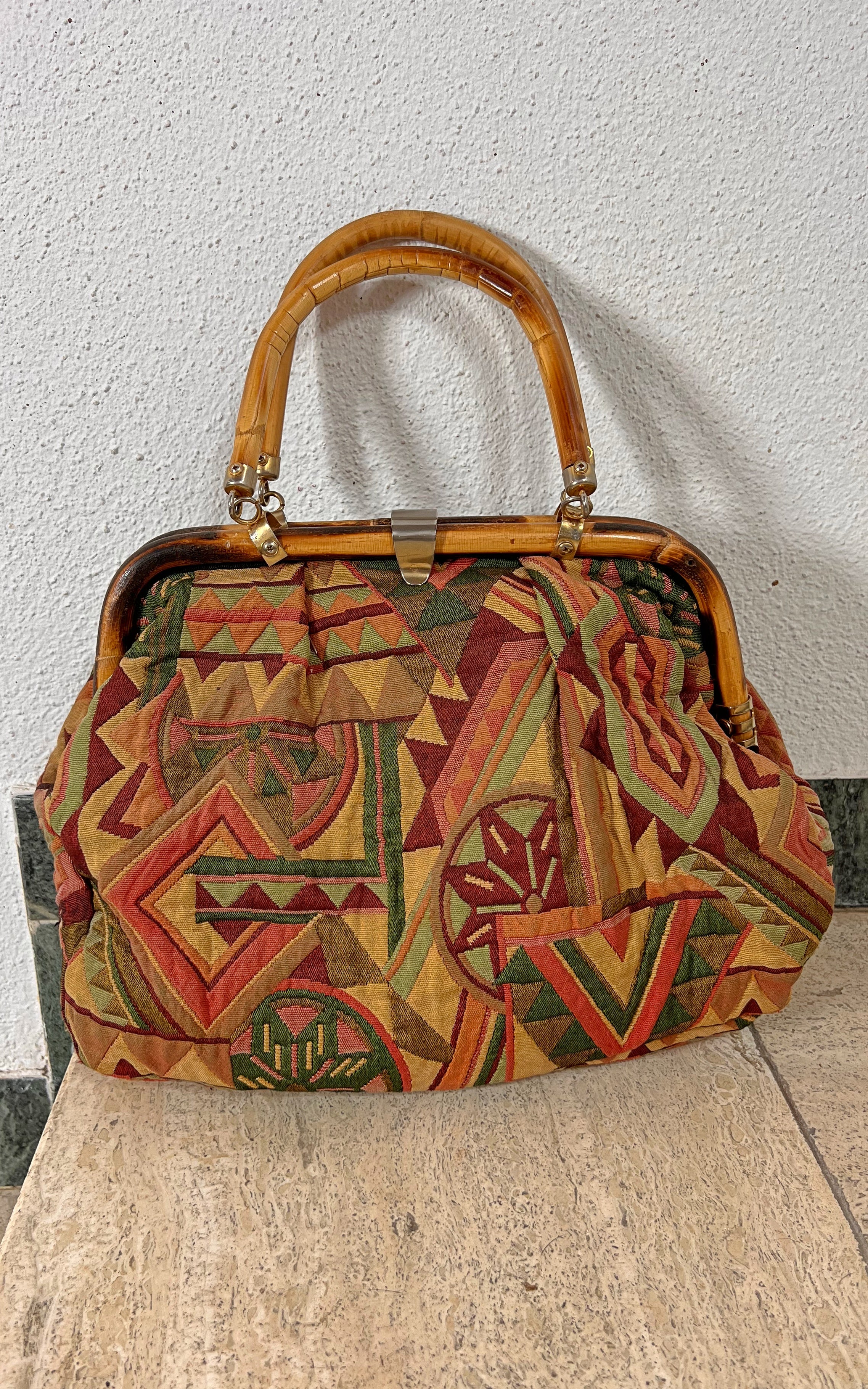 Vintage Tapestry Bamboo Handbag