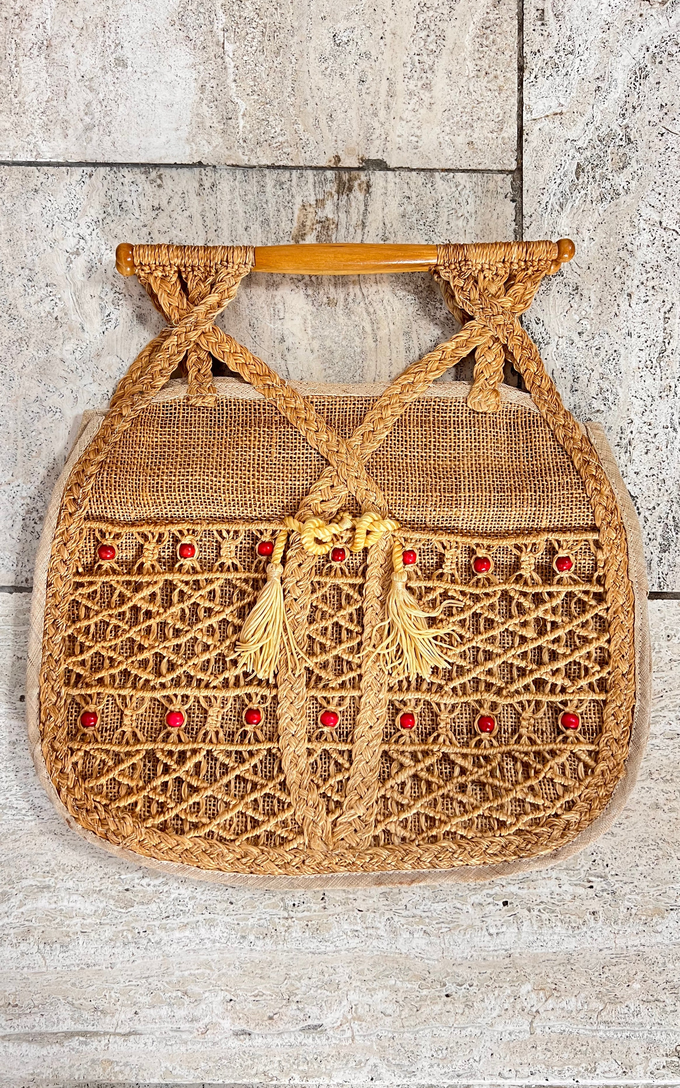 Vintage 70s Raffia Bamboo Handbag