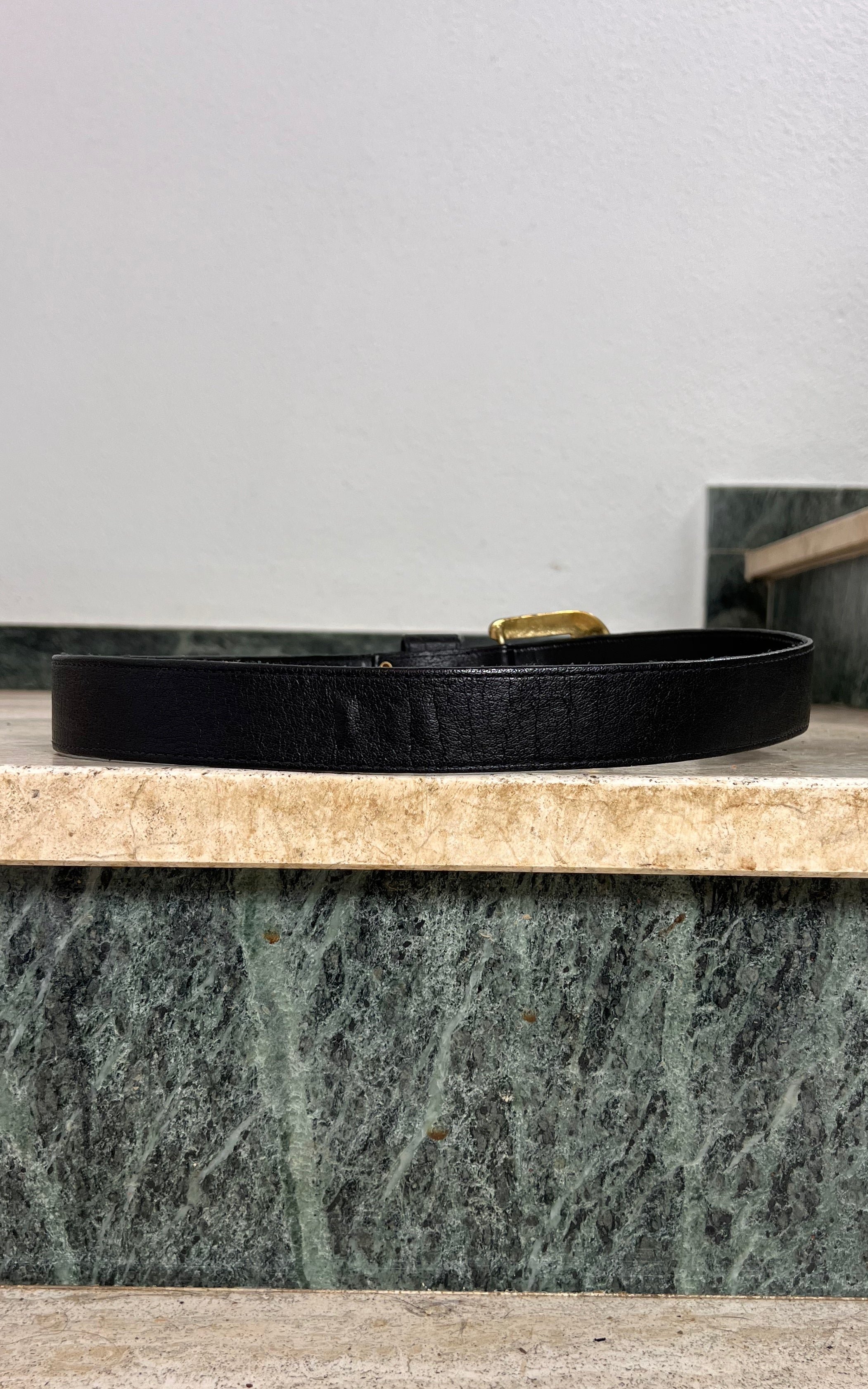 Vintage Western Leather Belt with Ornate Gold Tone Buckle