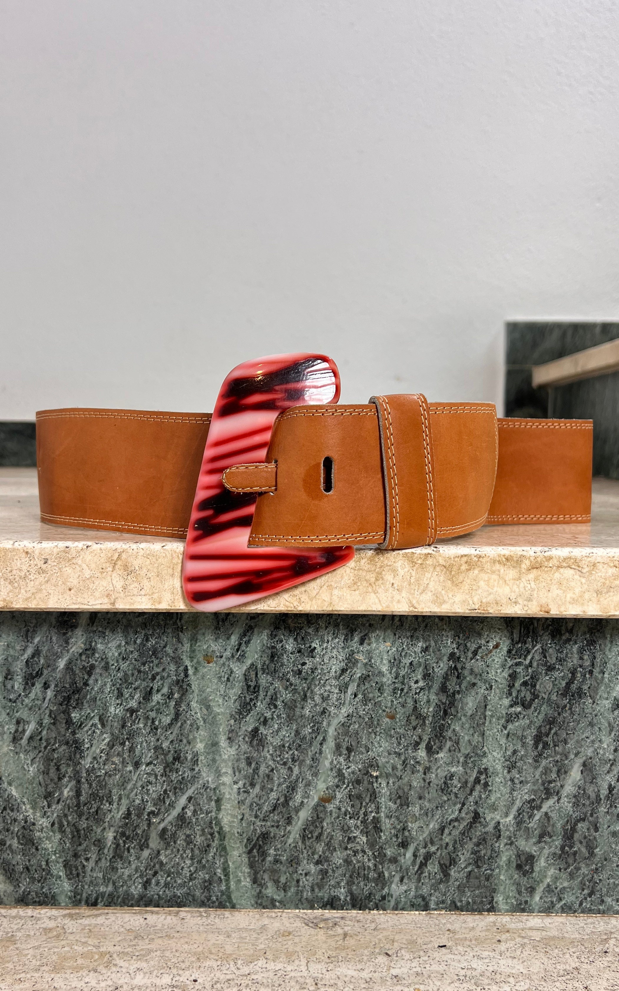 Vintage Leather Statement Belt with Marbled Acrylic Buckle