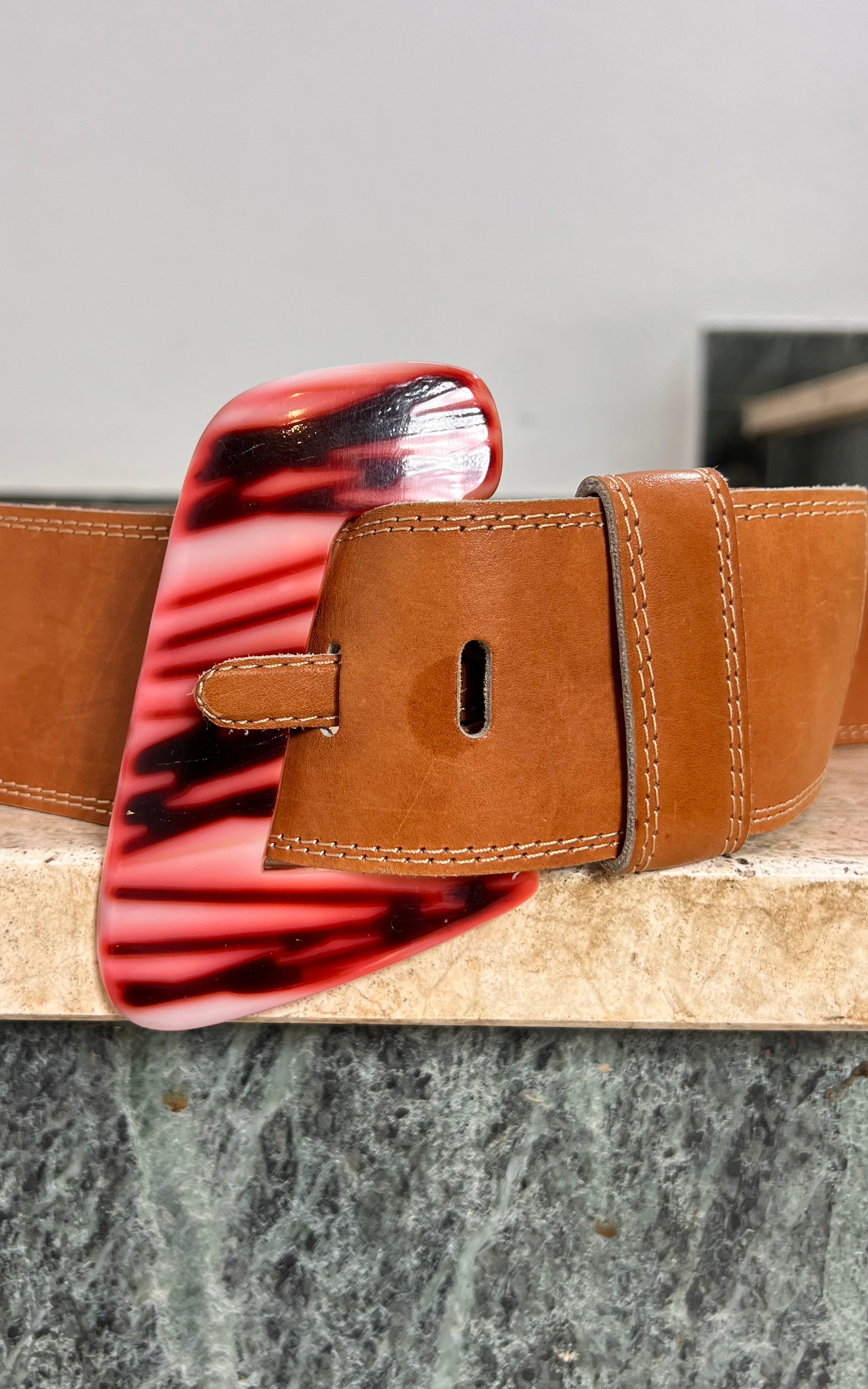 Vintage Leather Statement Belt with Marbled Acrylic Buckle