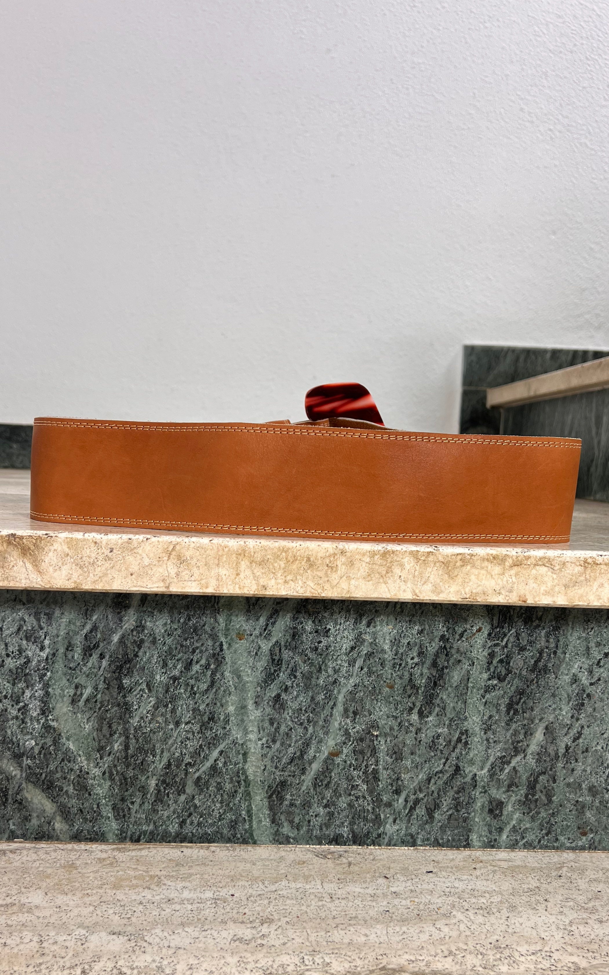 Vintage Leather Statement Belt with Marbled Acrylic Buckle