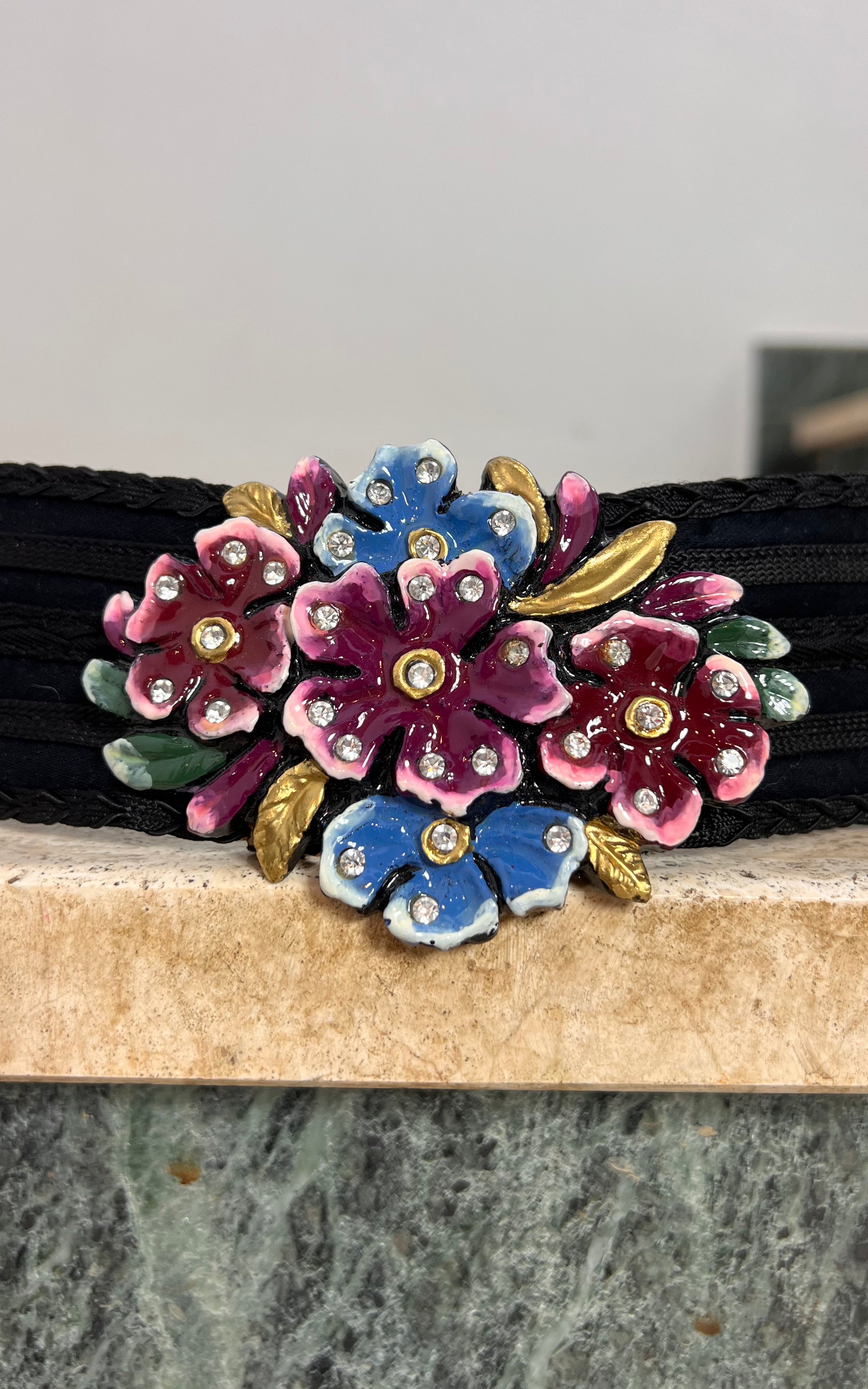 Vintage Black Belt with Floral Enamel Buckle