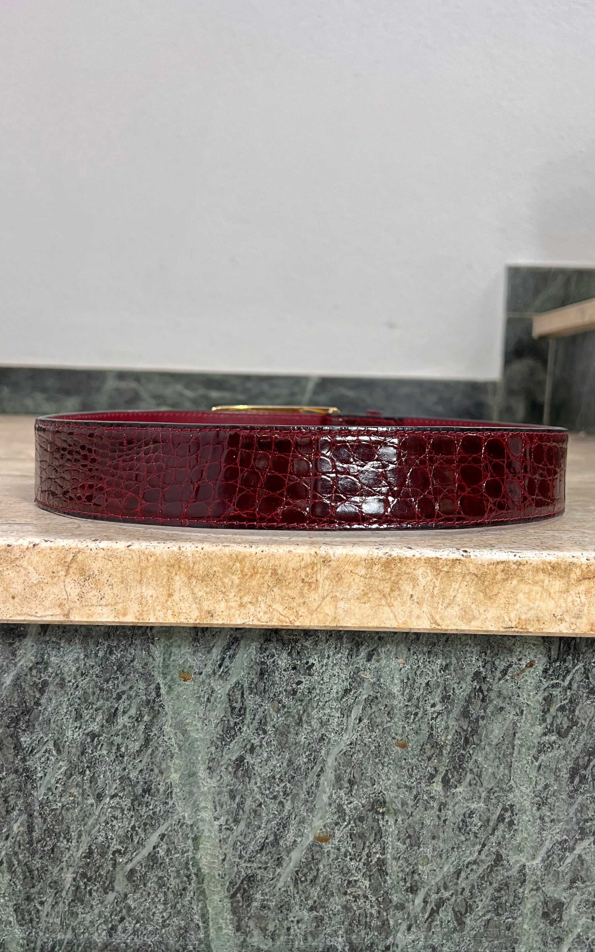 Vintage 70s Burgundy Gold Horsebit Buckle Belt