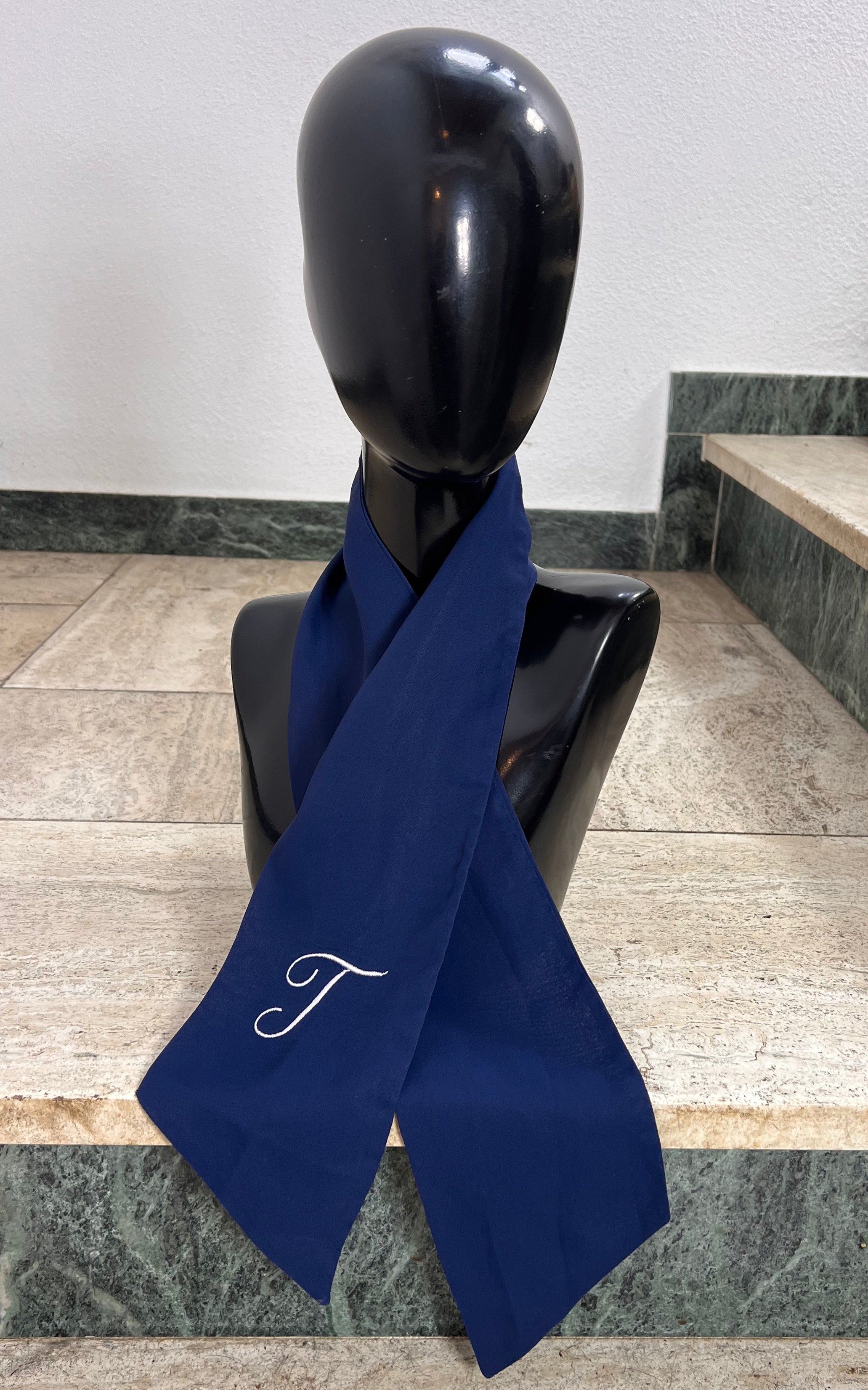 Vintage Navy Blue Skinny Scarf with T Monogram Detail