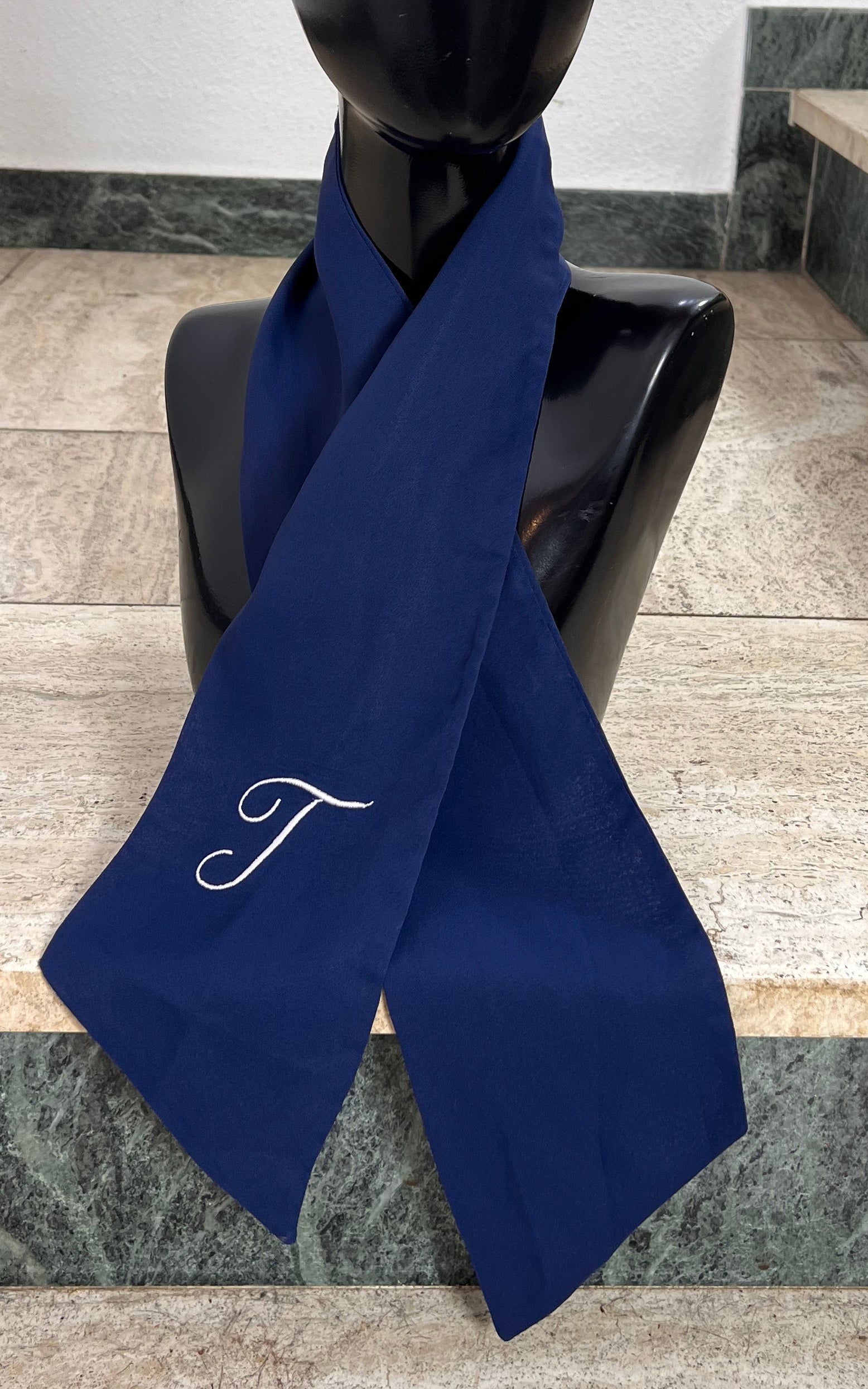 Vintage Navy Blue Skinny Scarf with T Monogram Detail