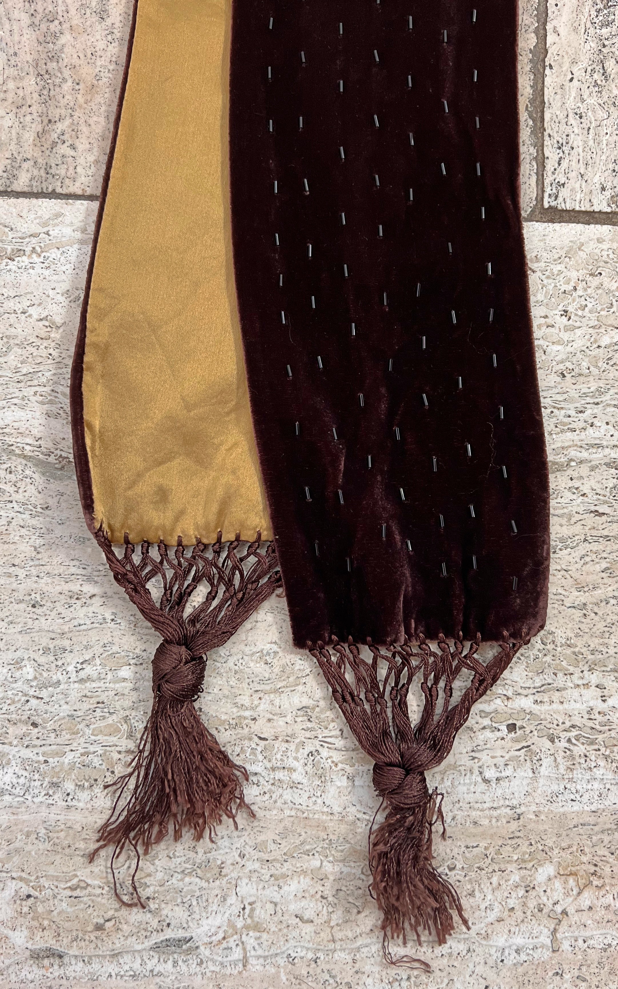 Vintage Brown Silk Velvet Skinny Scarf