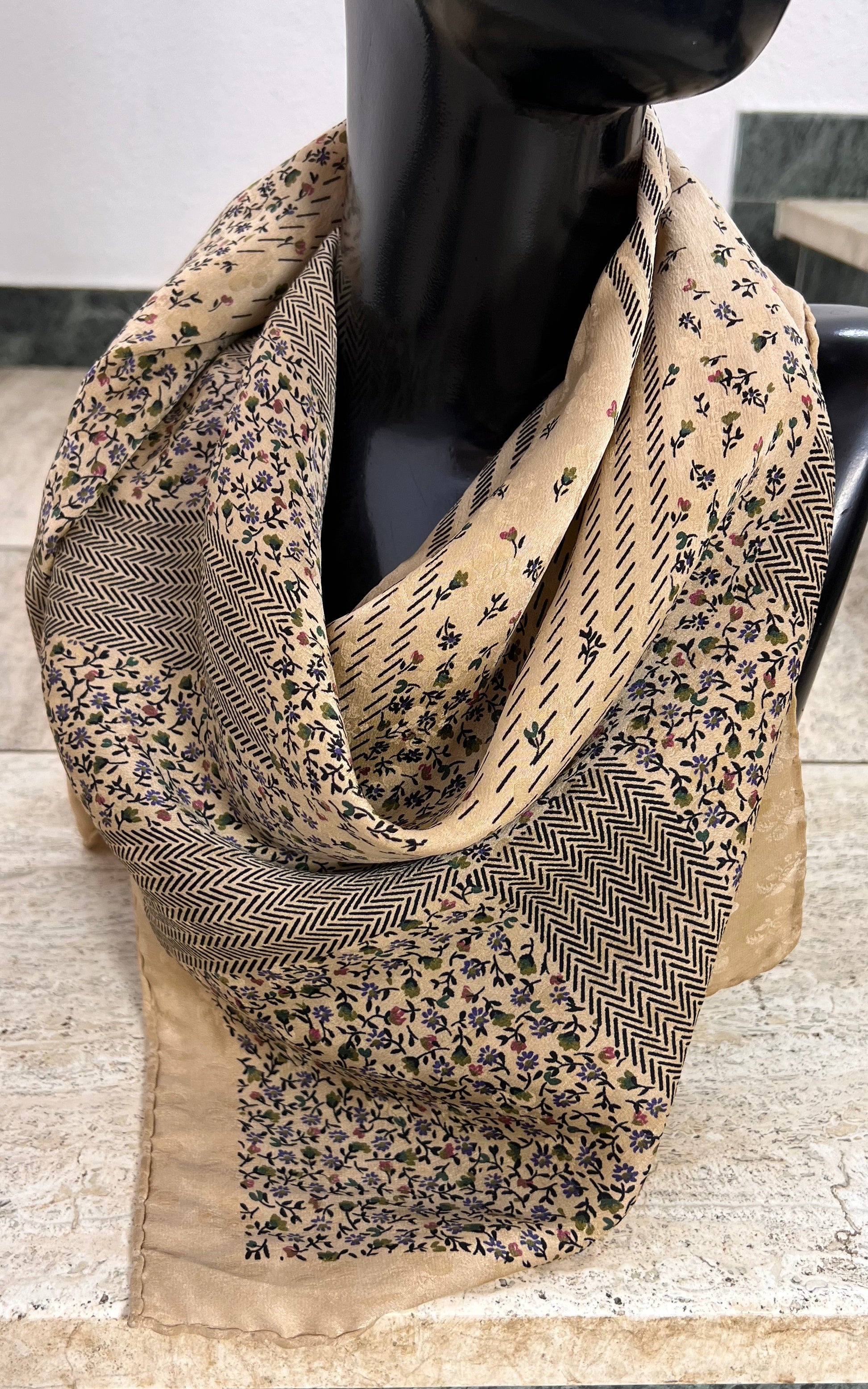 Vintage 70s Floral Gold Silk Foulard