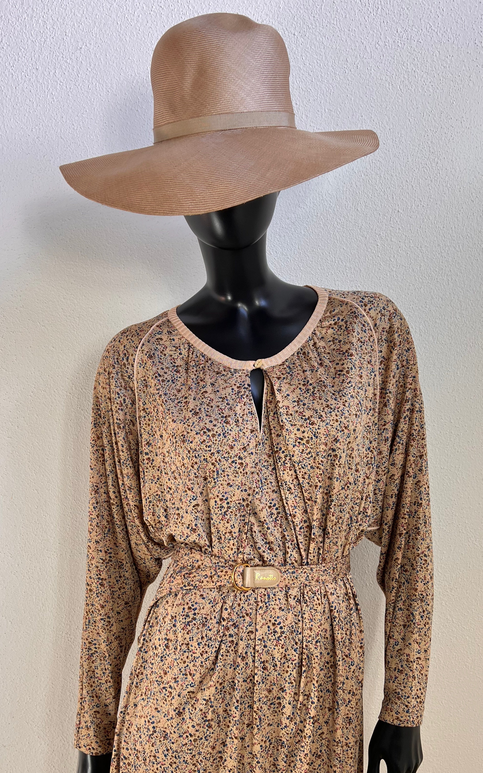 Vintage 70s Ranotto Silk Jersey Flower Dress with Drapped Batwing Sleeves