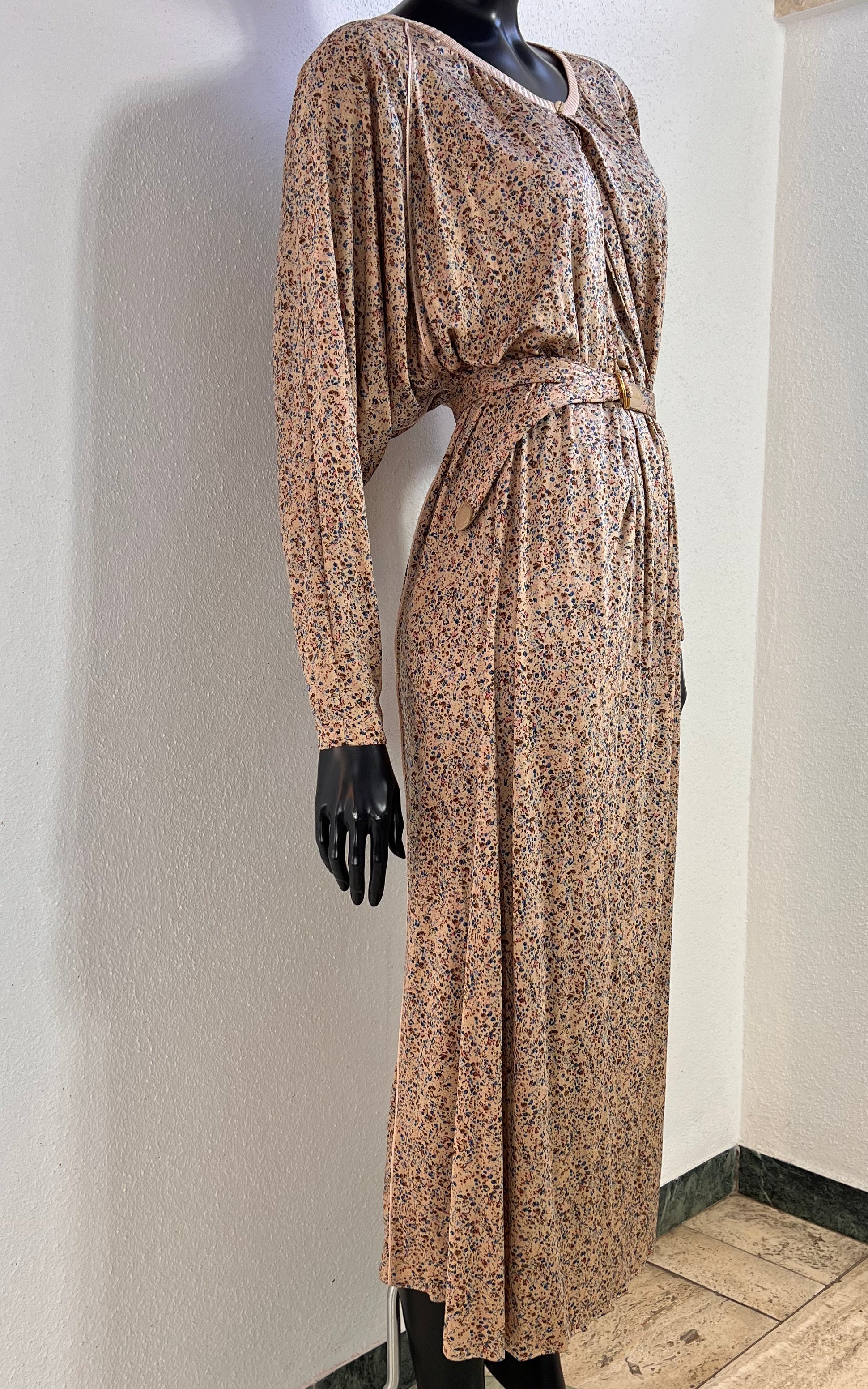 Vintage 70s Ranotto Silk Jersey Flower Dress with Drapped Batwing Sleeves