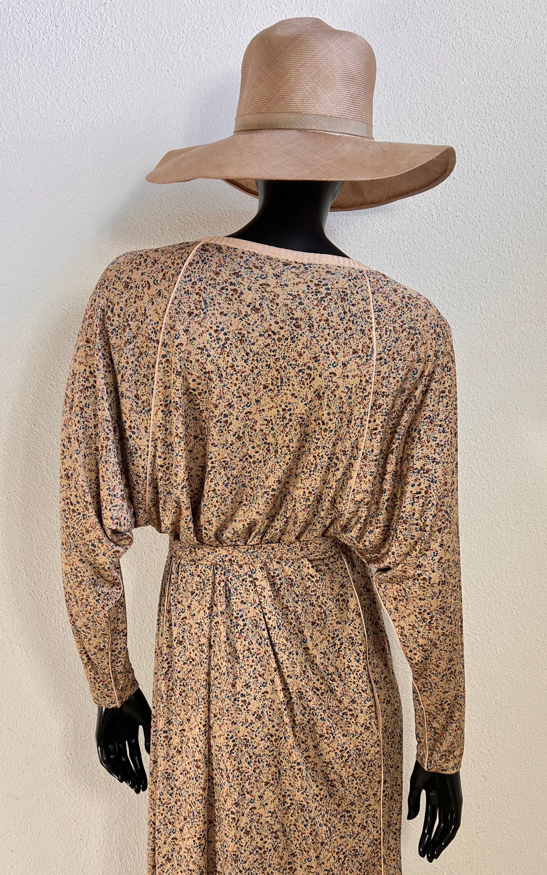 Vintage 70s Ranotto Silk Jersey Flower Dress with Drapped Batwing Sleeves