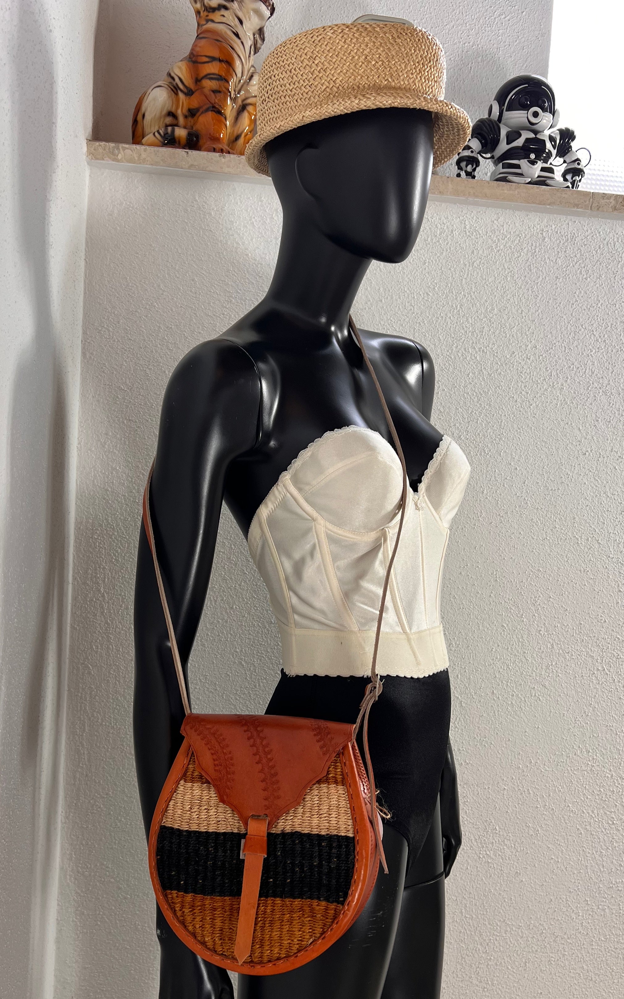 New African Kiondo Sisal and Leather Cross Body Bag