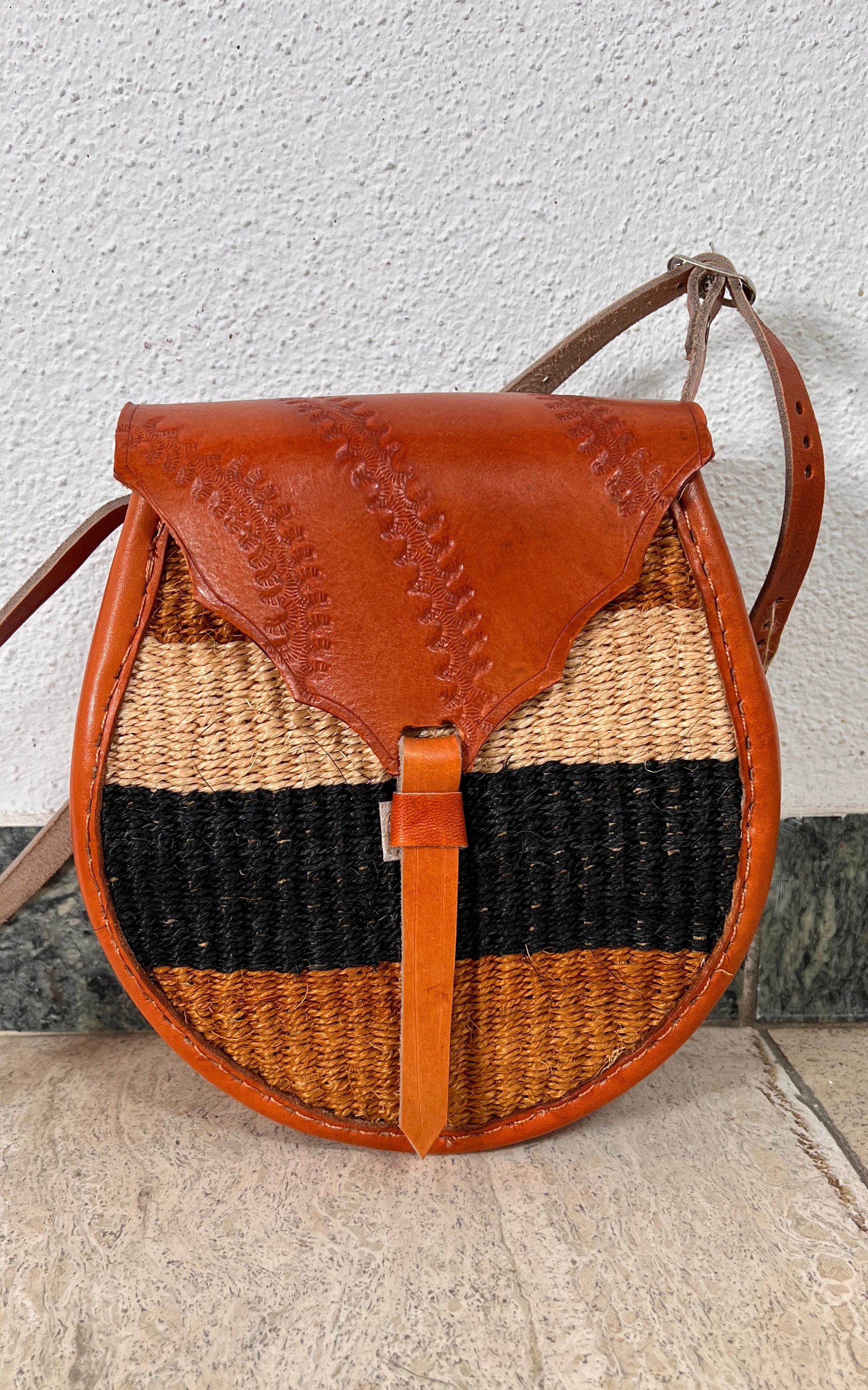 New African Kiondo Sisal and Leather Cross Body Bag