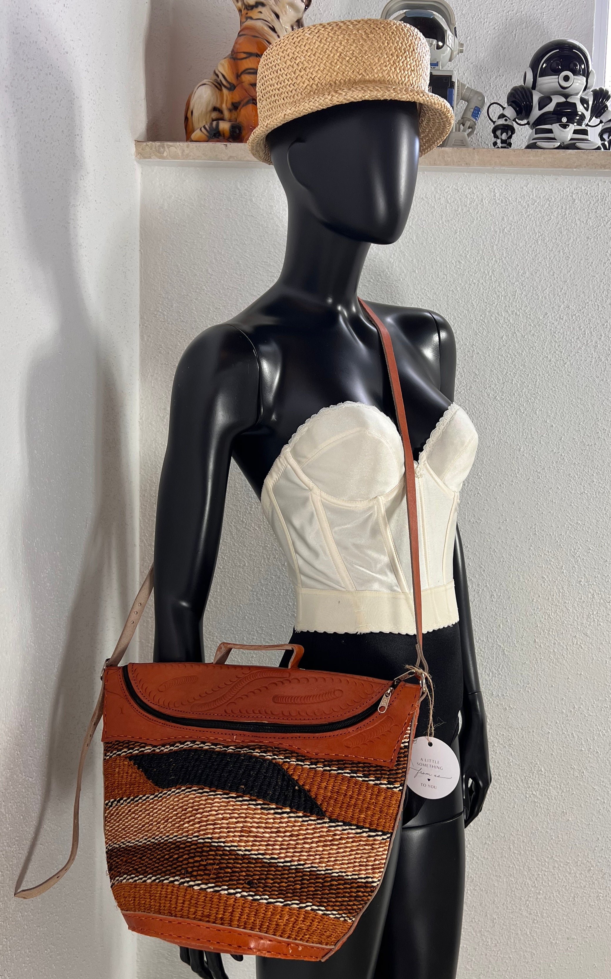 New African Kiondo Sisal and Leather Cross Body Bag