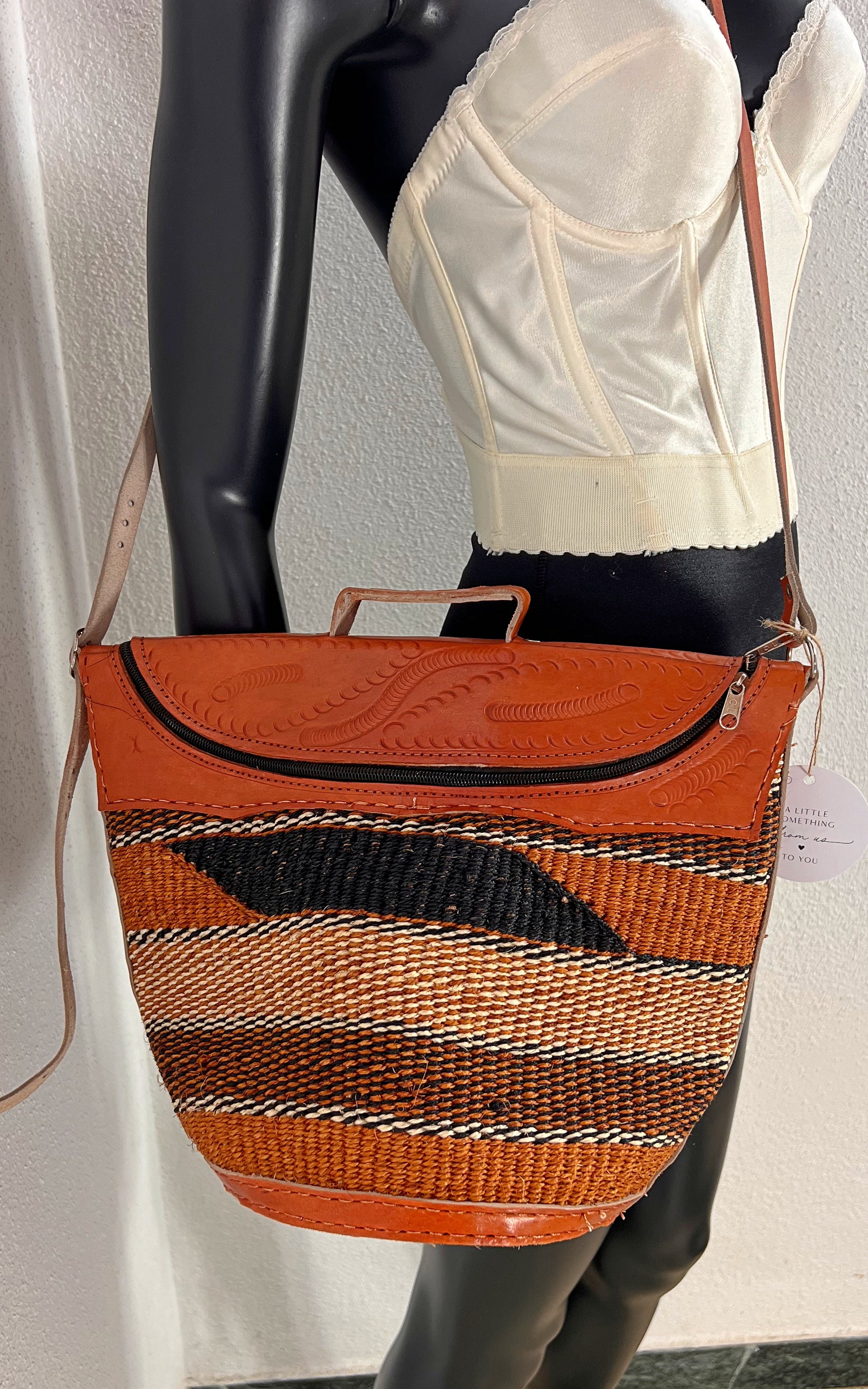 New African Kiondo Sisal and Leather Cross Body Bag