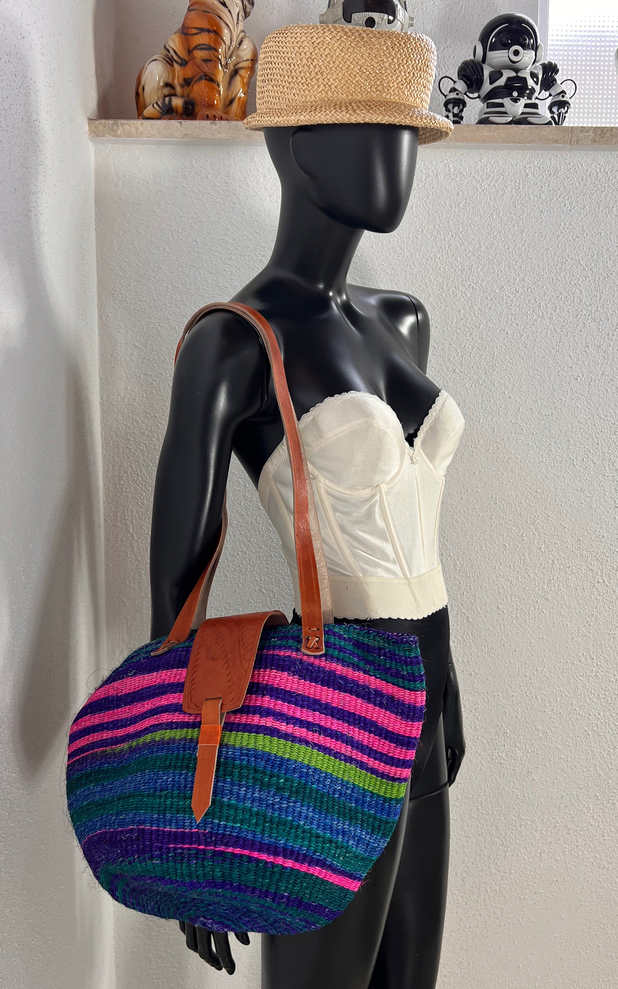 New African Kiondo Sisal and Leather Shoulder Bag
