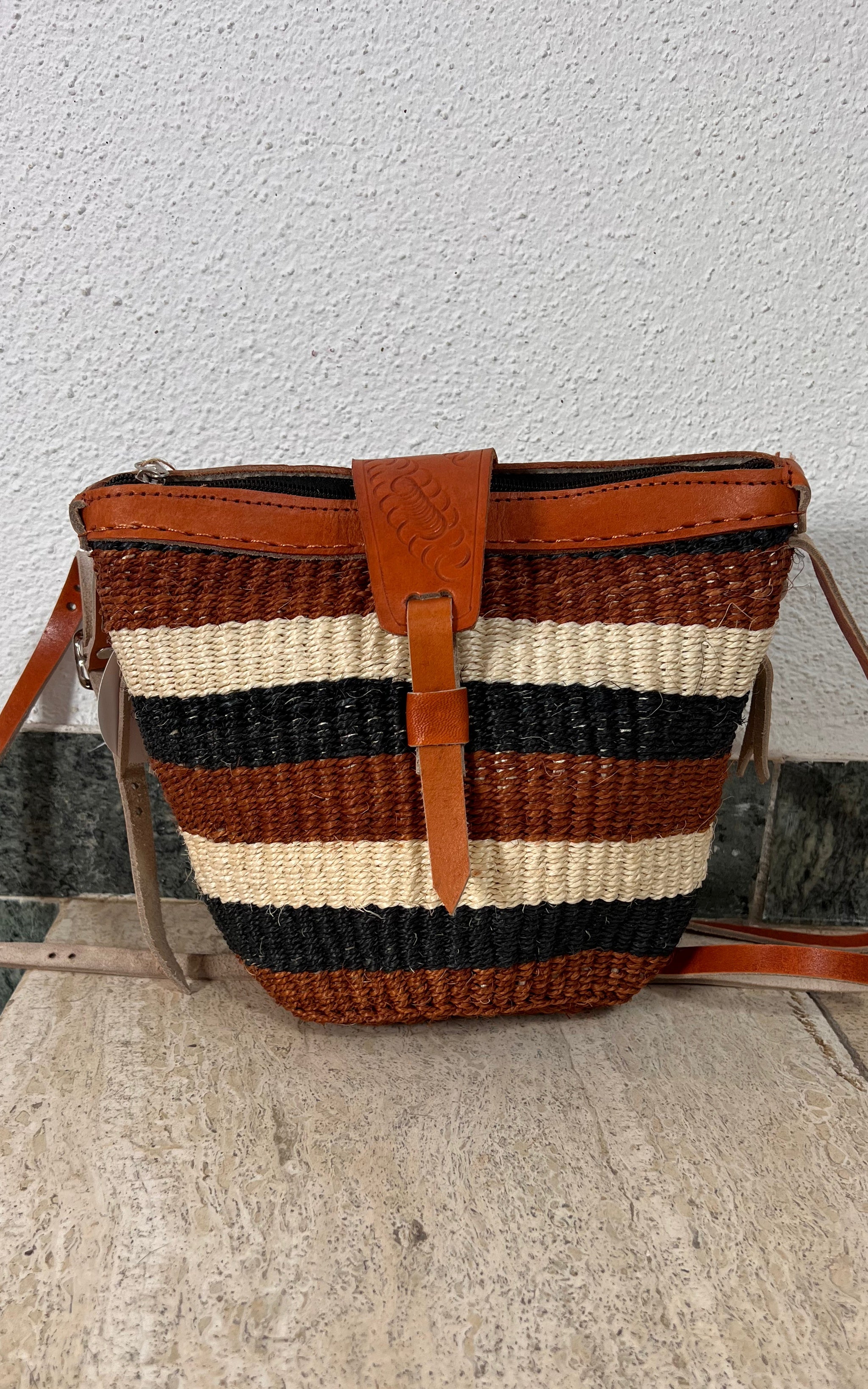 New African Kiondo Sisal and Leather Cross Body Bag
