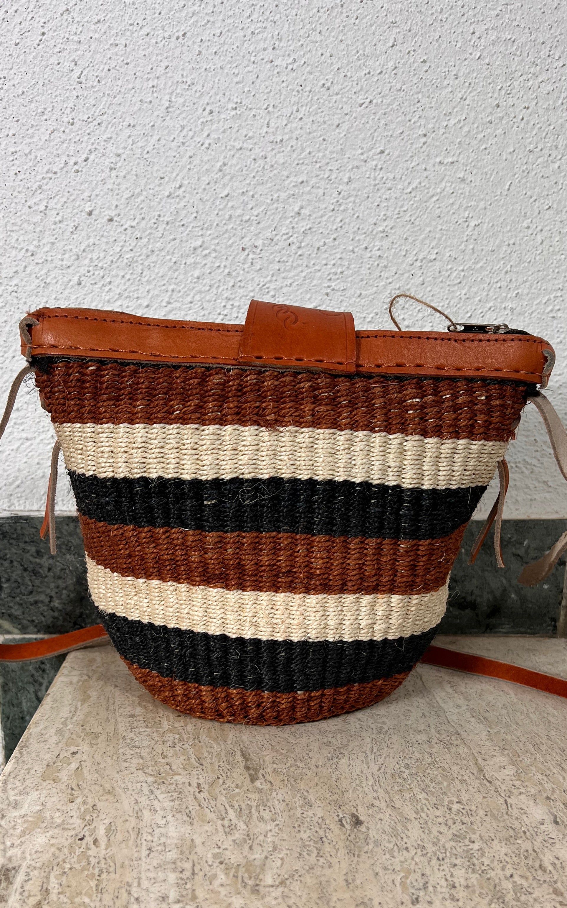 New African Kiondo Sisal and Leather Cross Body Bag