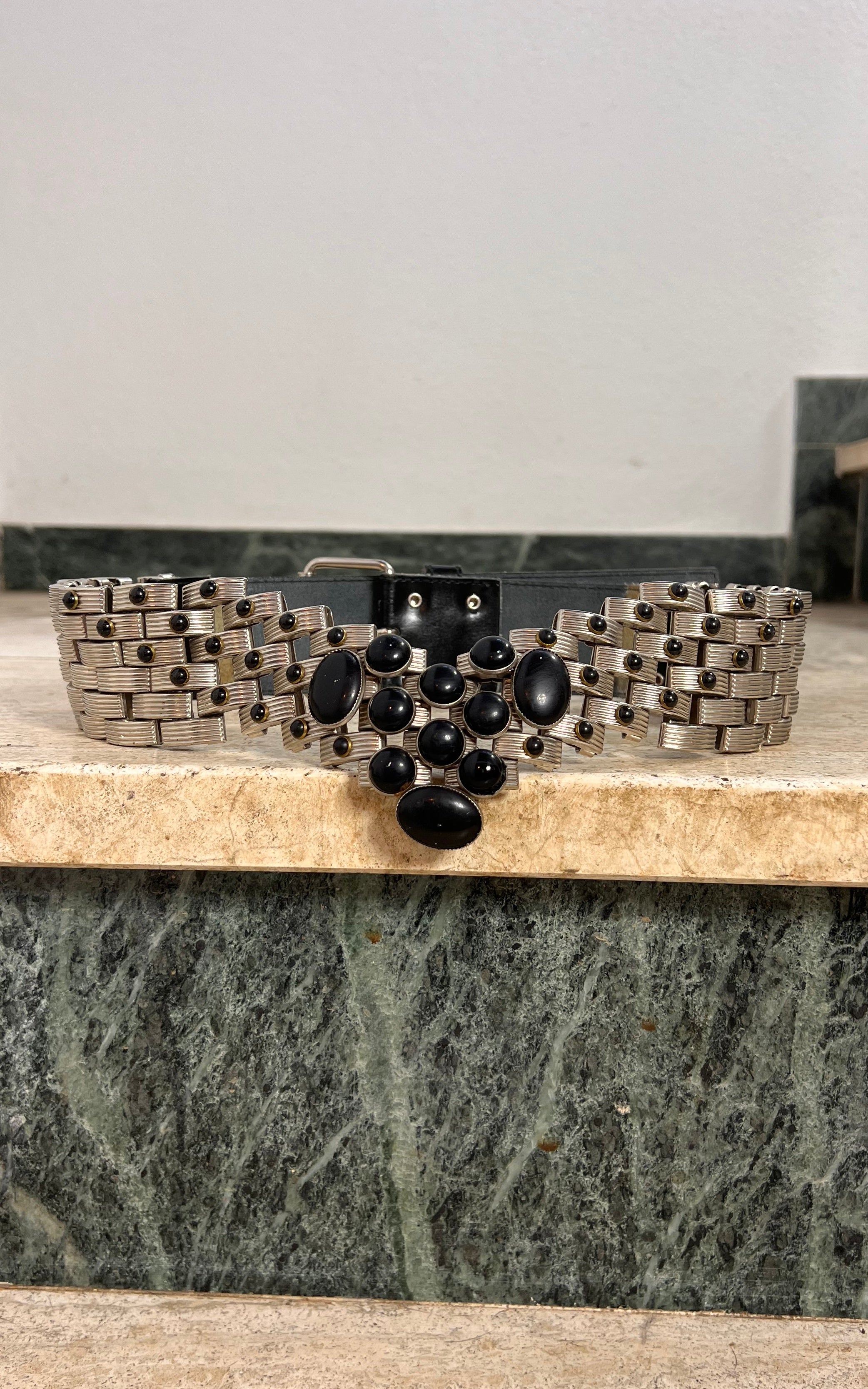 Vintage Silver Metal Statement Belt with Black Stones