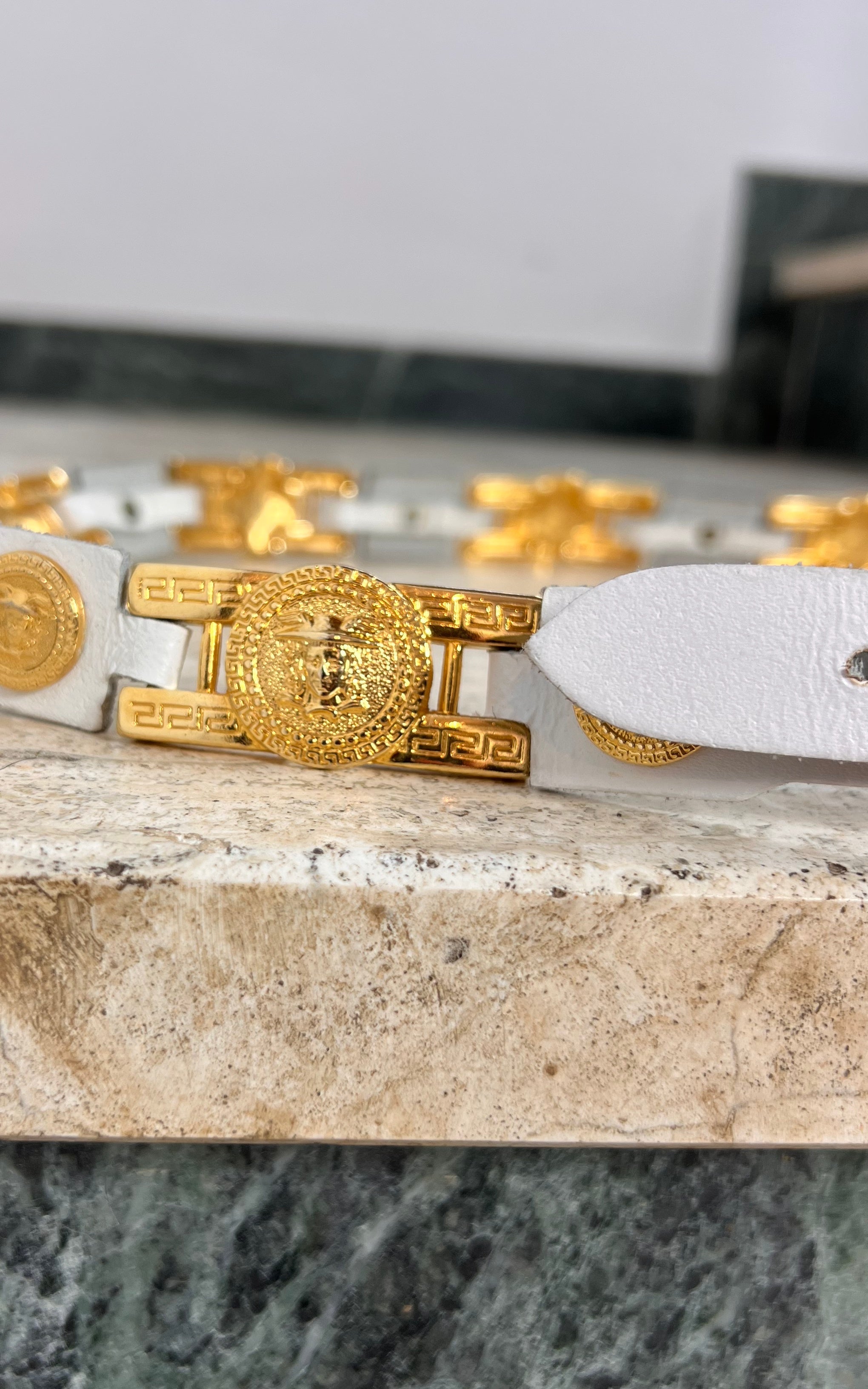 Vintage White and Gold Medusa Belt
