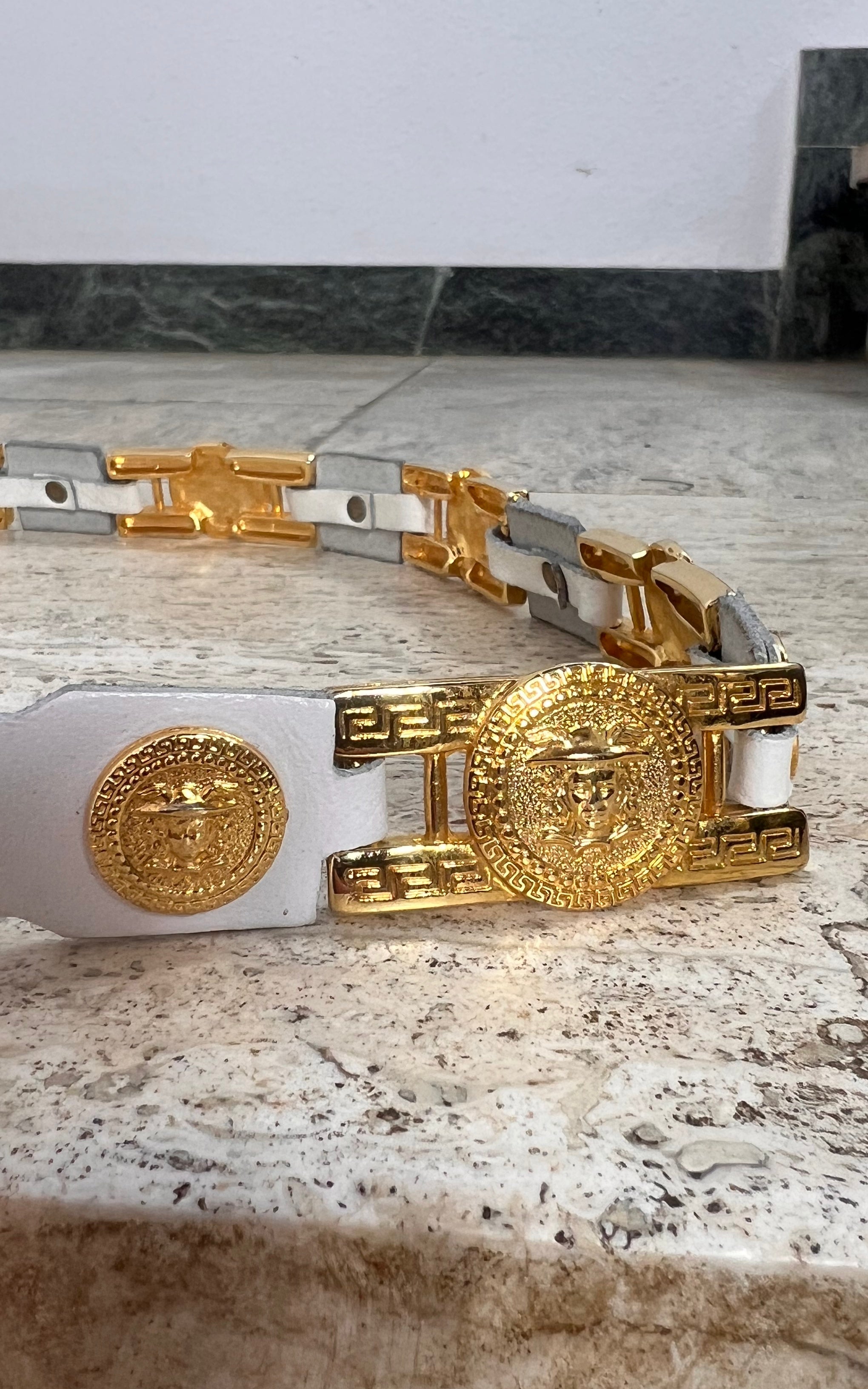 Vintage White and Gold Medusa Belt
