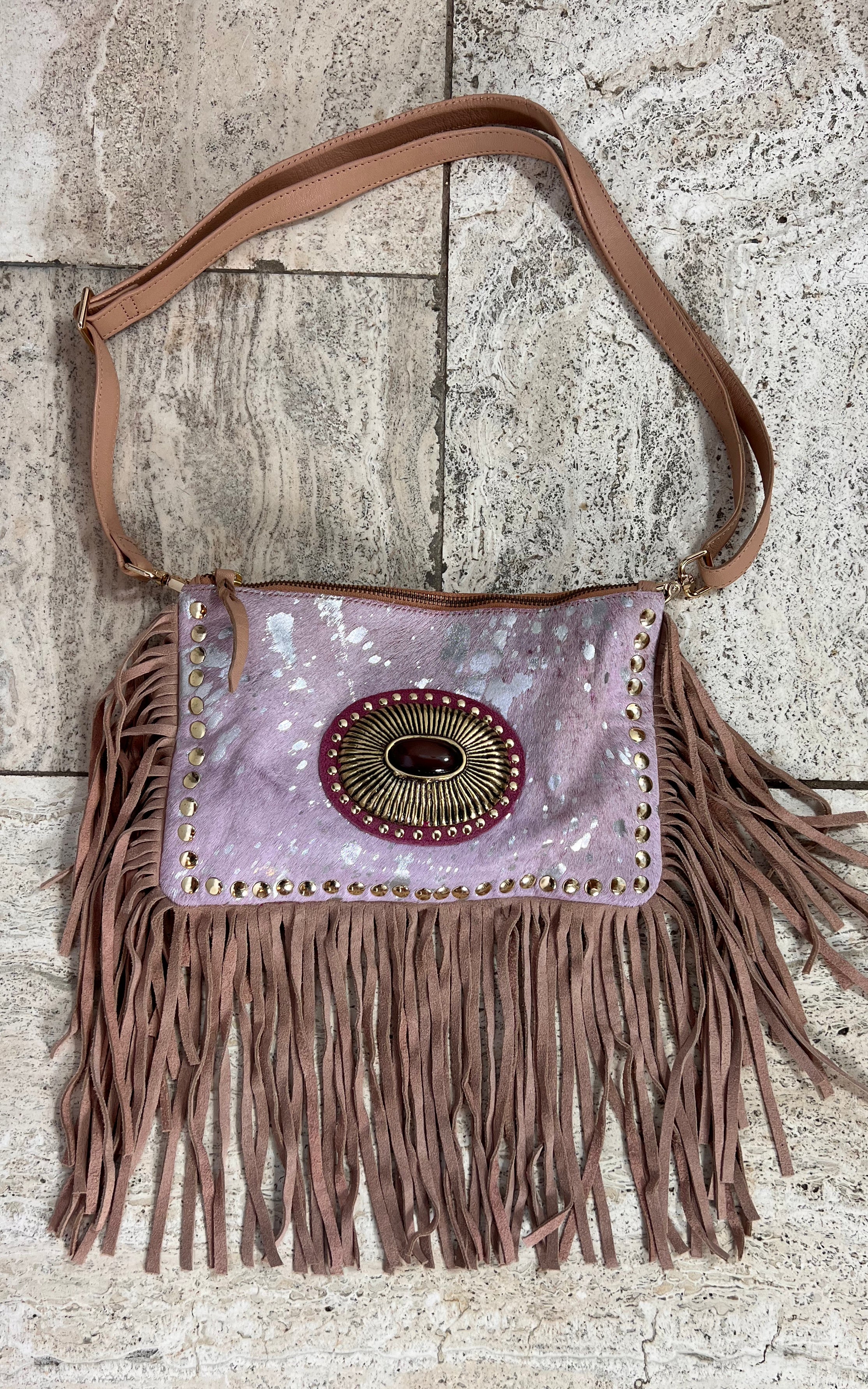 Vintage Piticuiti Y2K Fringe Leather And Cowskin Crossbody Bag