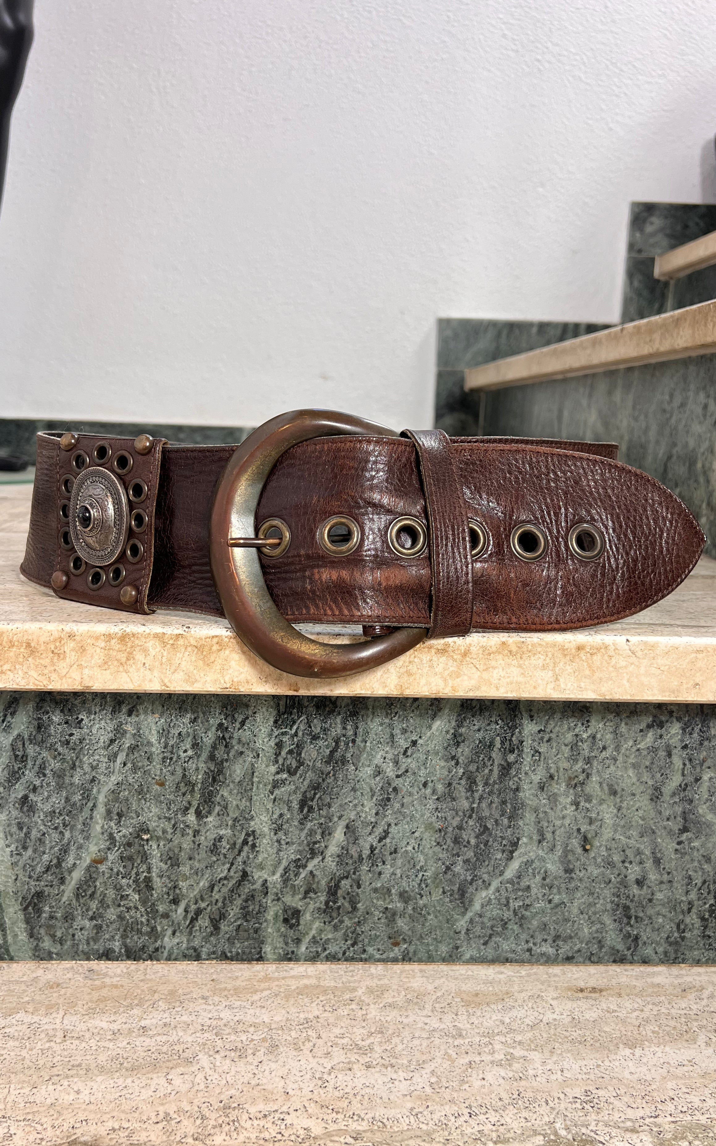 Vintage Wide Brown Leather Statement Belt