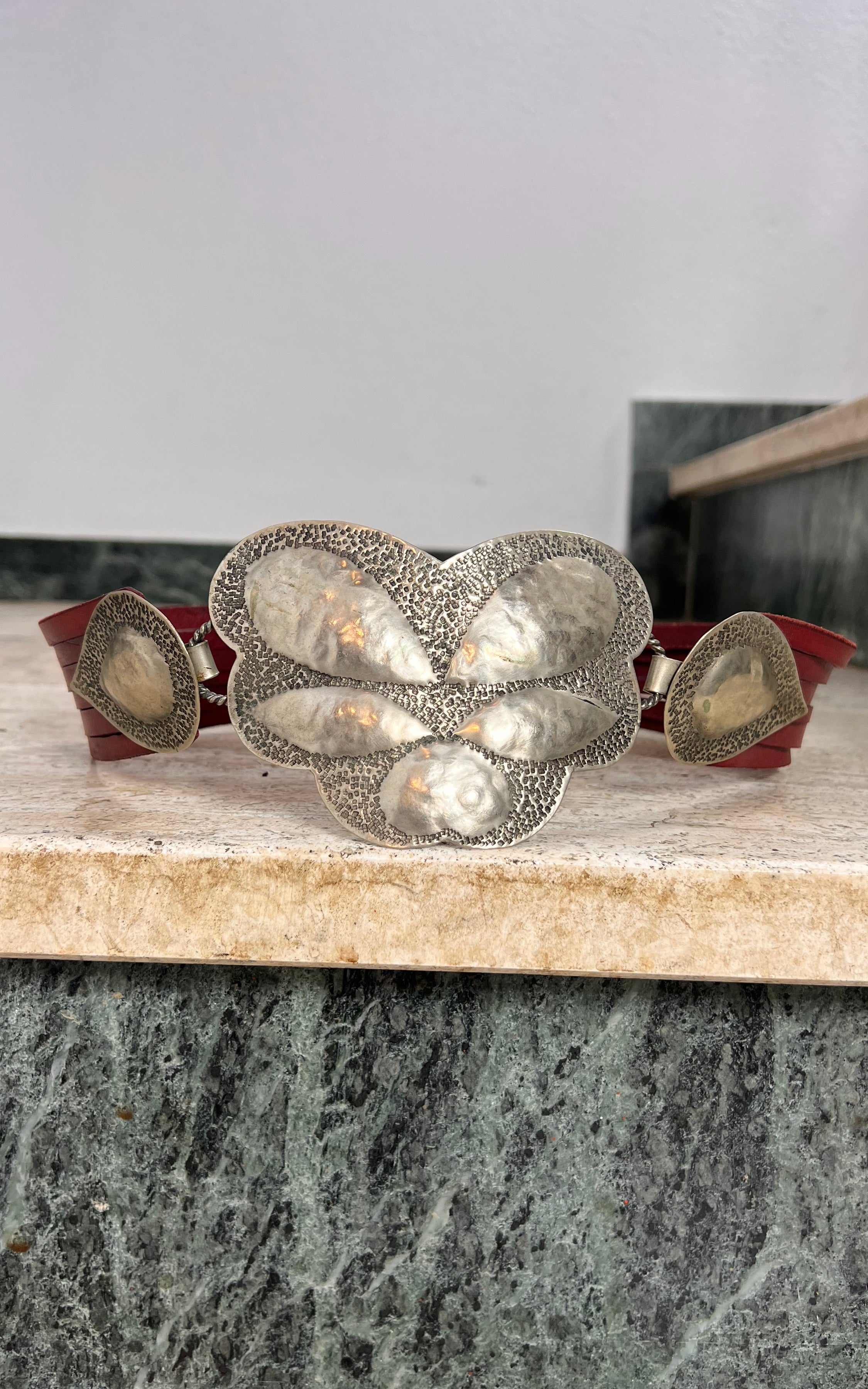 Vintage 70s Red Leather Hammered Metal Belt
