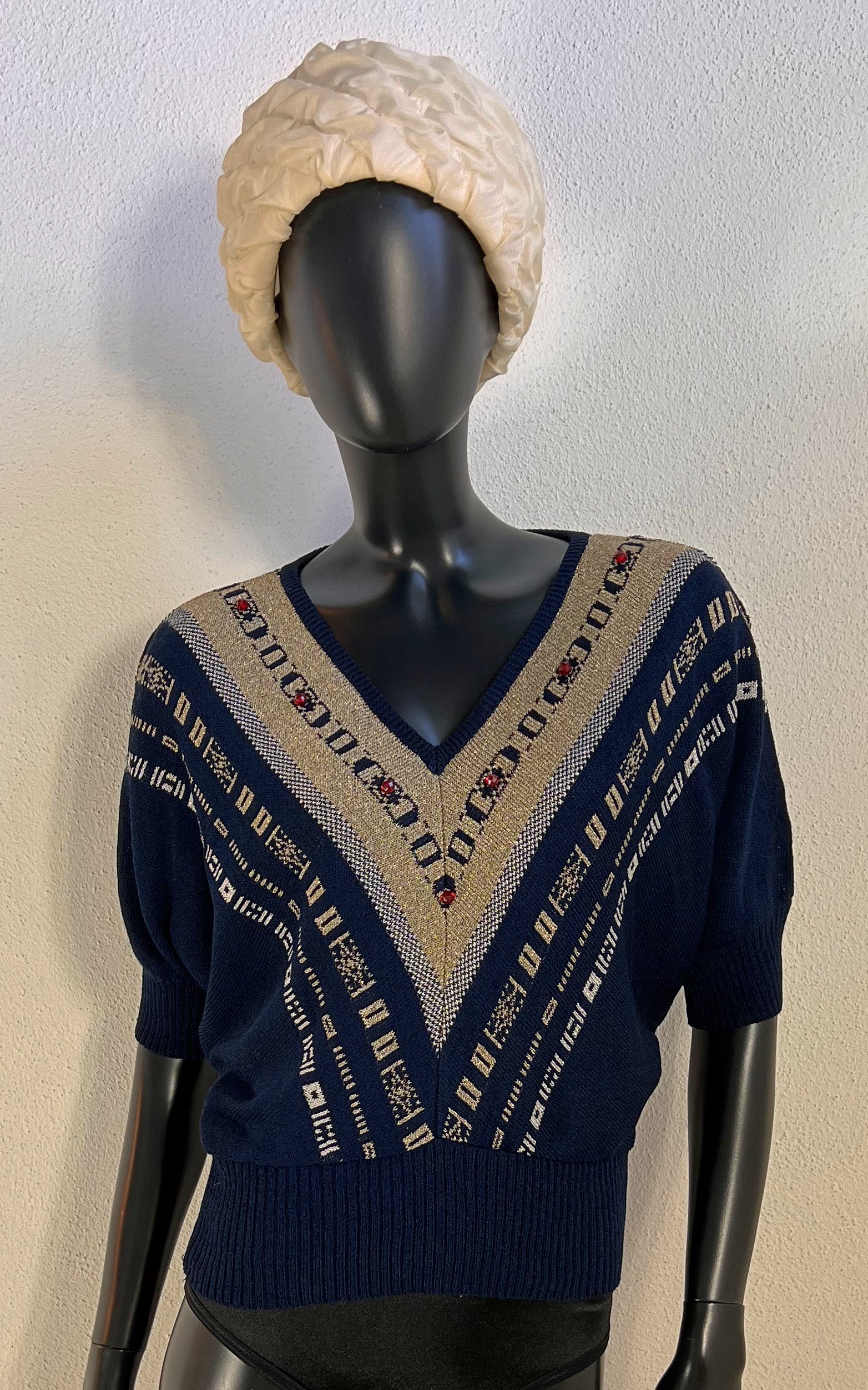 Vintage 70s Navy Knit Sweater with Metallic Pattern