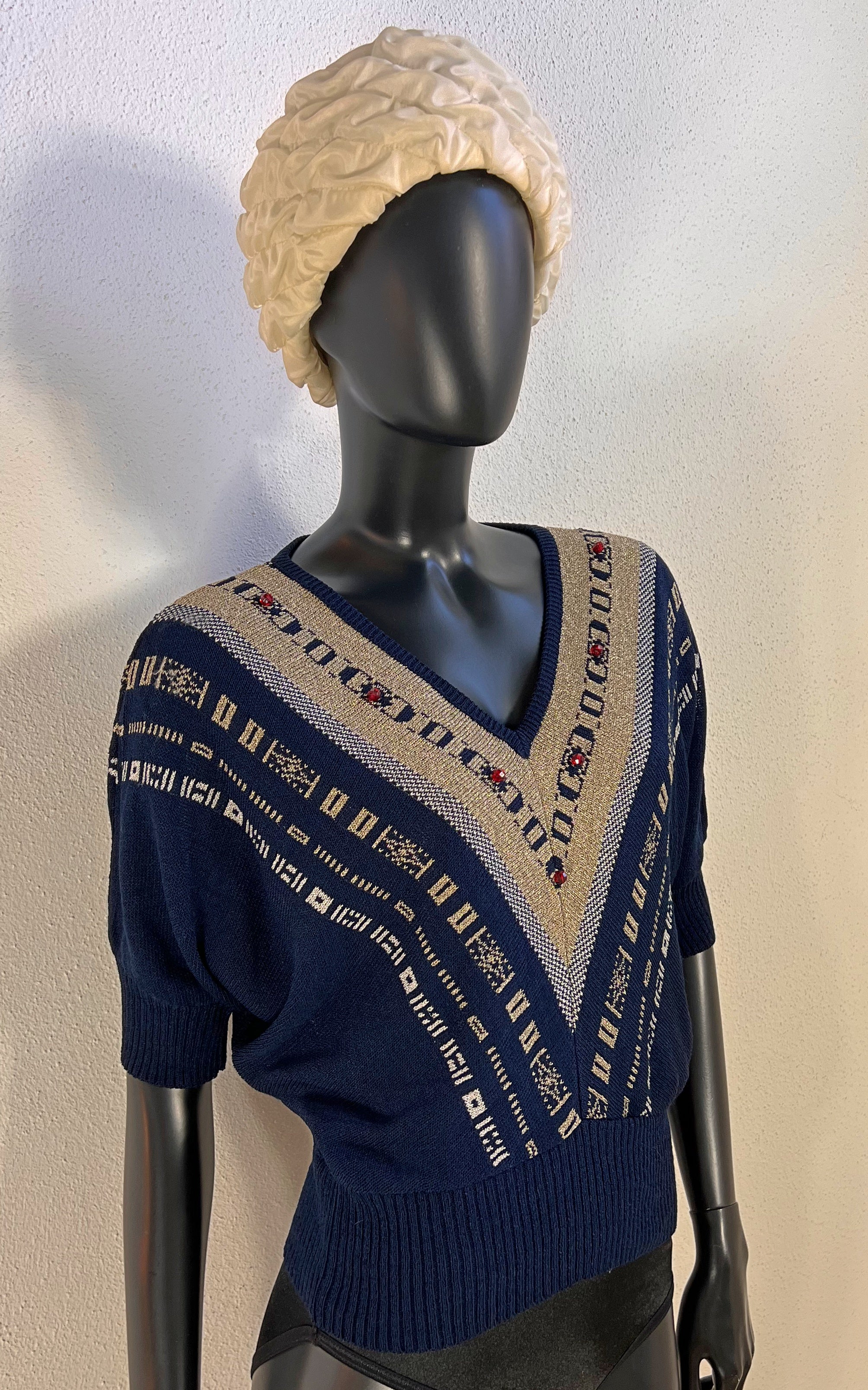 Vintage 70s Navy Knit Sweater with Metallic Pattern