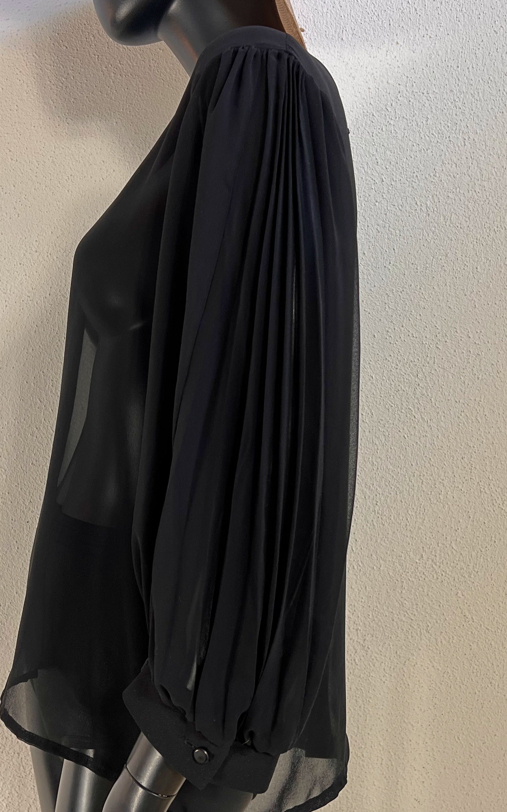 Vintage Black Sheer Blouse with Pleated Balloon Sleeves