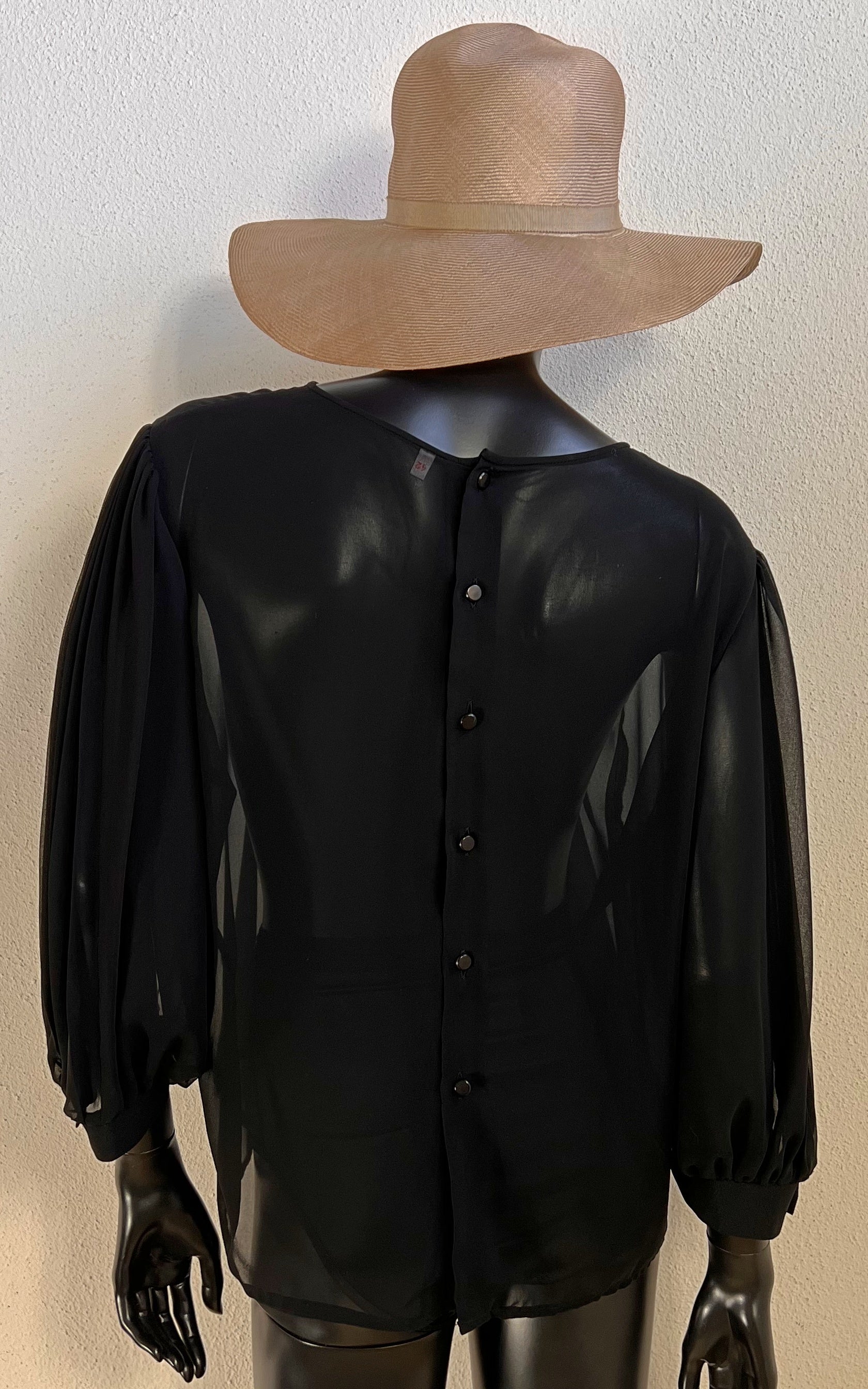 Vintage Black Sheer Blouse with Pleated Balloon Sleeves