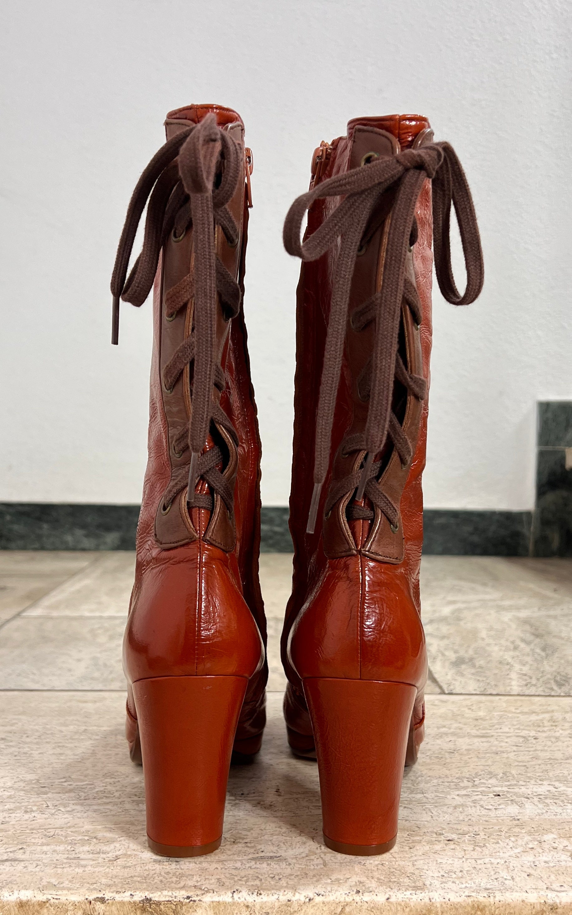 Chie Mihara Leather Lace-Up Boots Burnt Orange 41