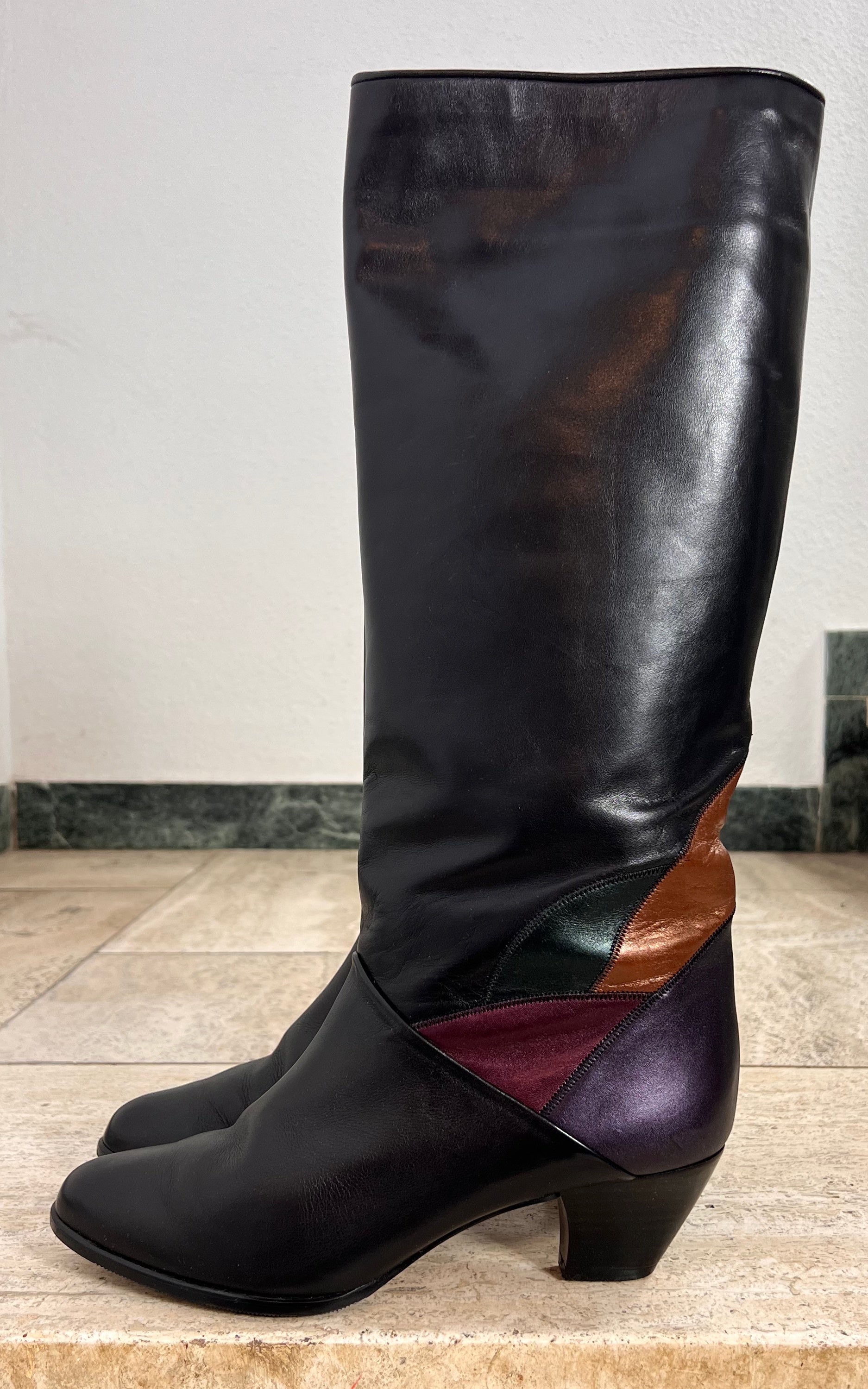 Vintage Black Leather Color Block Knee-High Boots 39