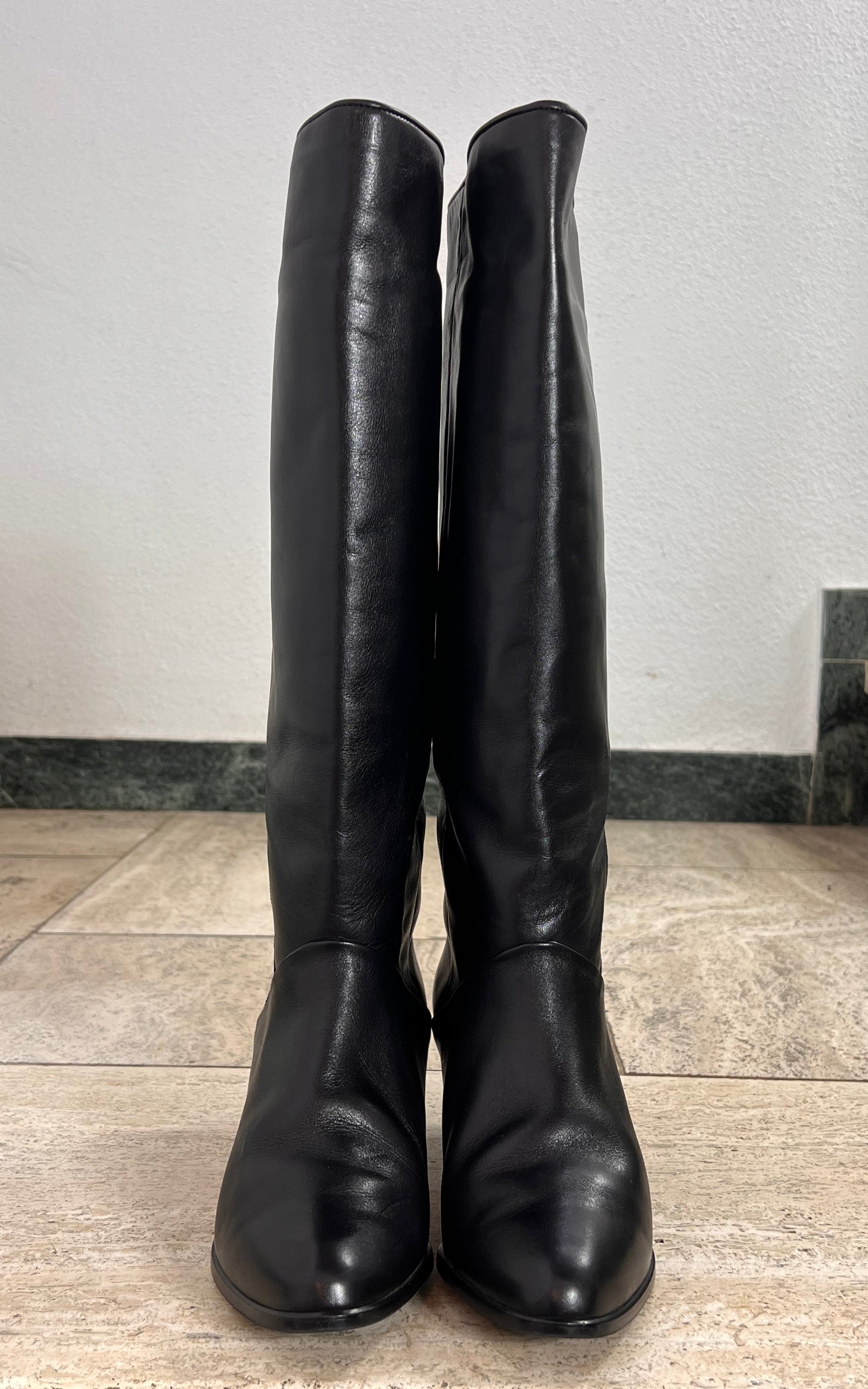 Vintage Black Leather Color Block Knee-High Boots 39