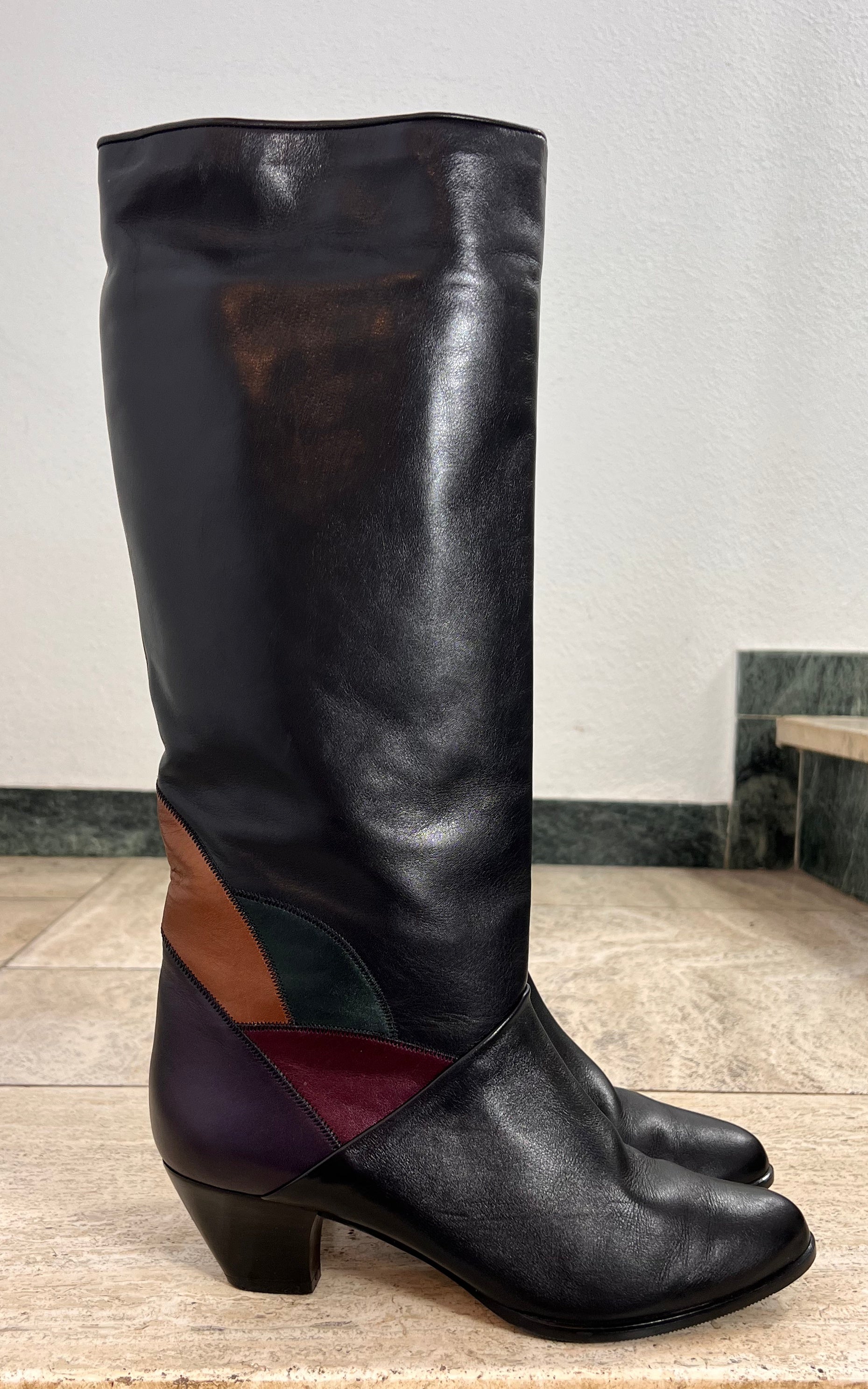 Vintage Black Leather Color Block Knee-High Boots 39
