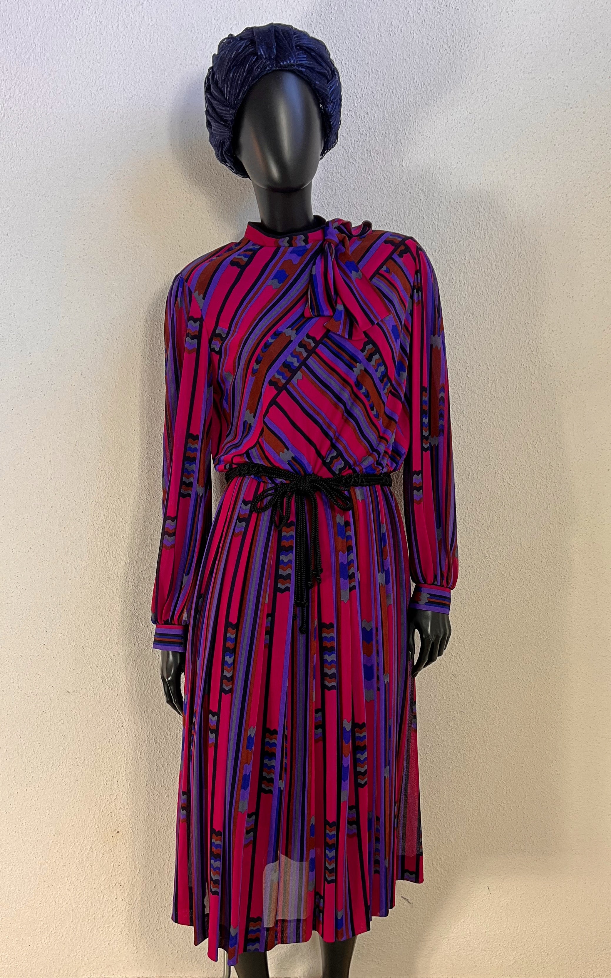 Vintage 1970s Pleated Pussy Bow Dress - Bold Mod Stripe Print