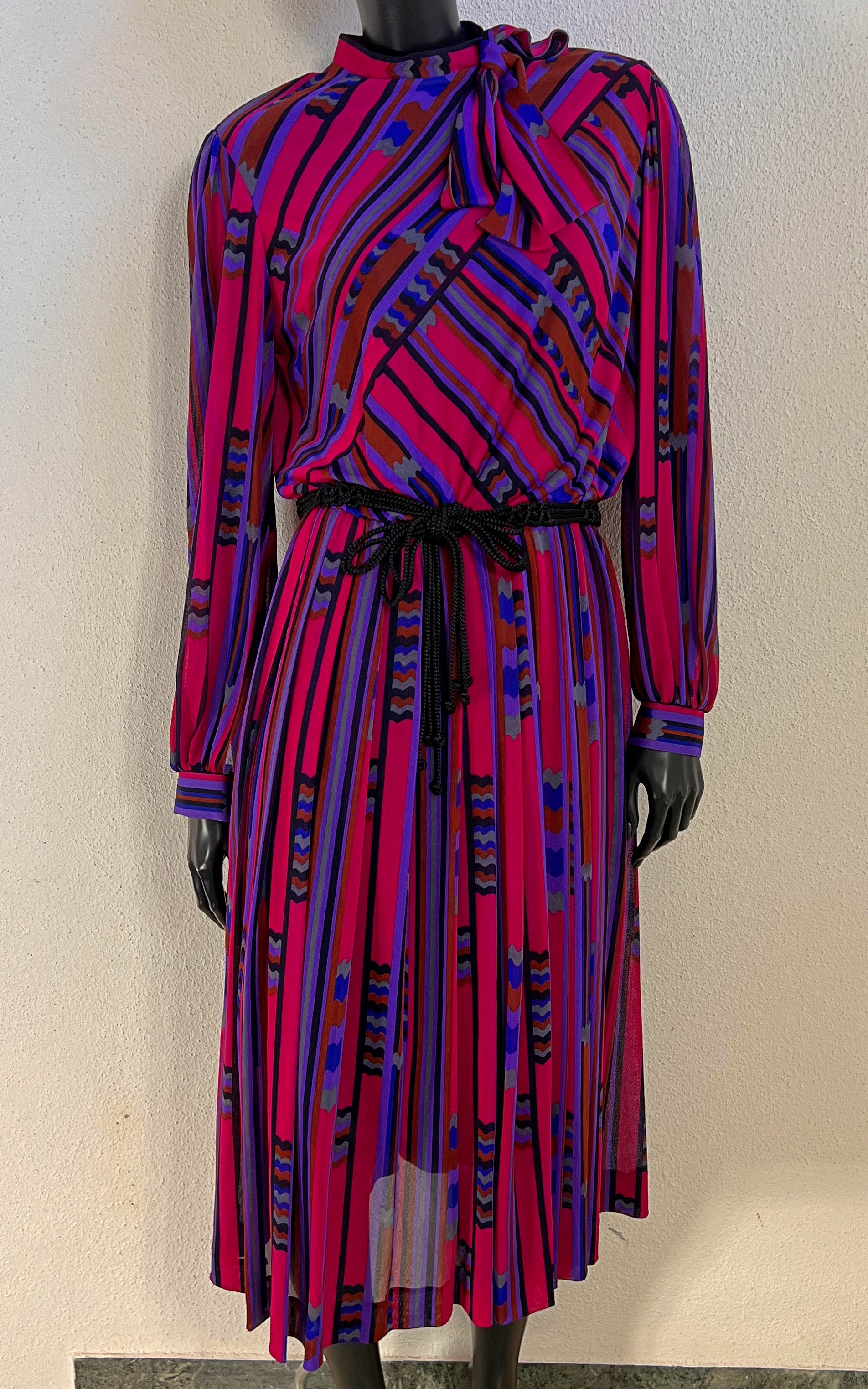 Vintage 1970s Pleated Pussy Bow Dress - Bold Mod Stripe Print