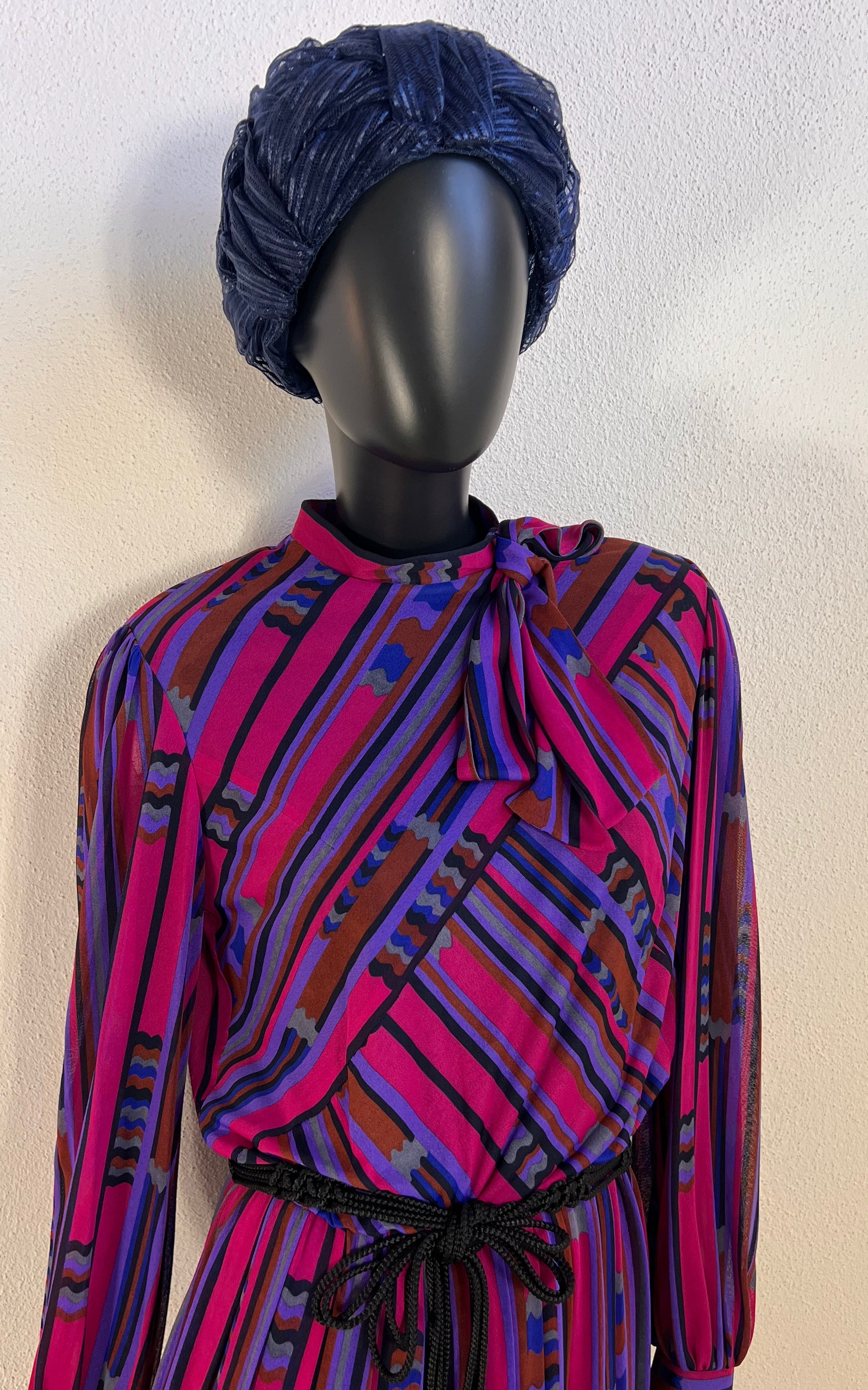 Vintage 1970s Pleated Pussy Bow Dress - Bold Mod Stripe Print