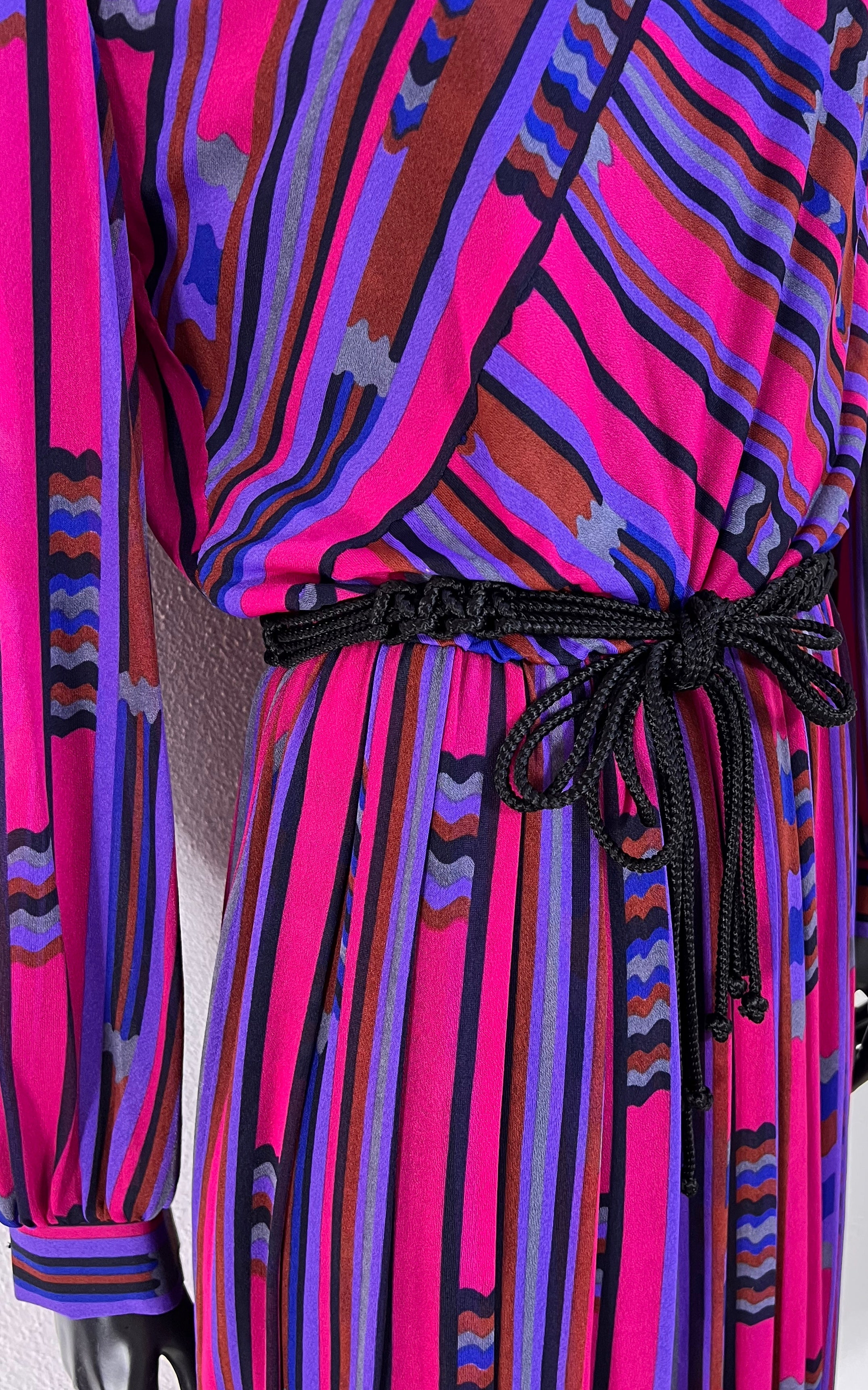 Vintage 1970s Pleated Pussy Bow Dress - Bold Mod Stripe Print