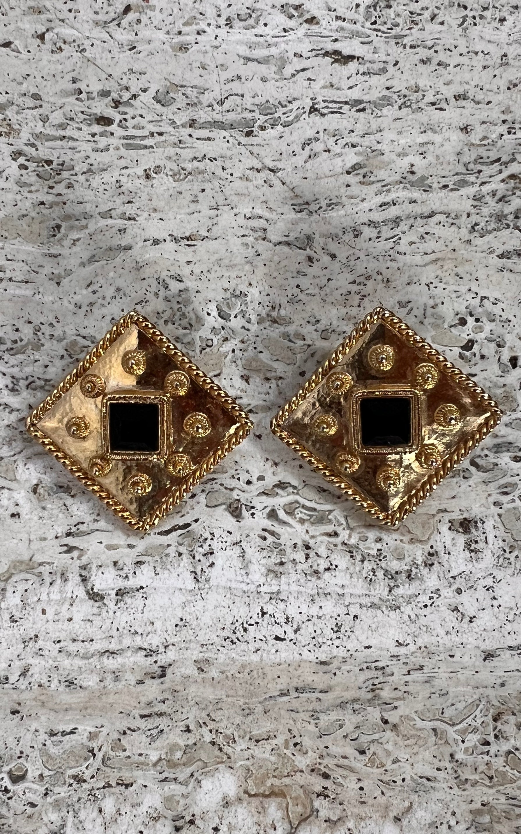 Vintage 90s Square Clip Ons with Black Stone Detail