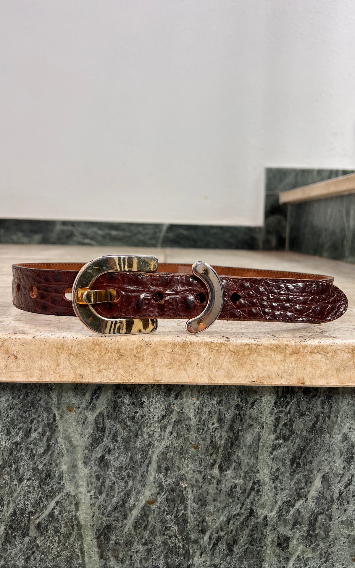 Vintage 70s Brown Crocodile-Embossed Leather Belt