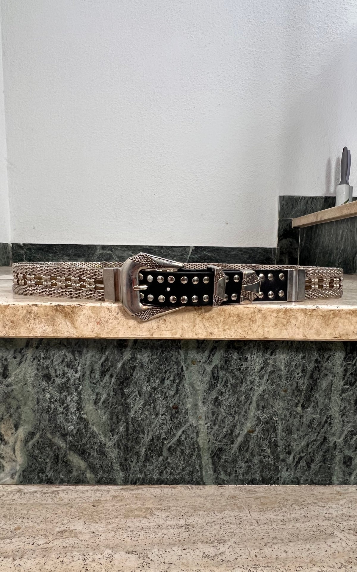 Vintage Silver-Tone Metal Chain Belt with Black Leather