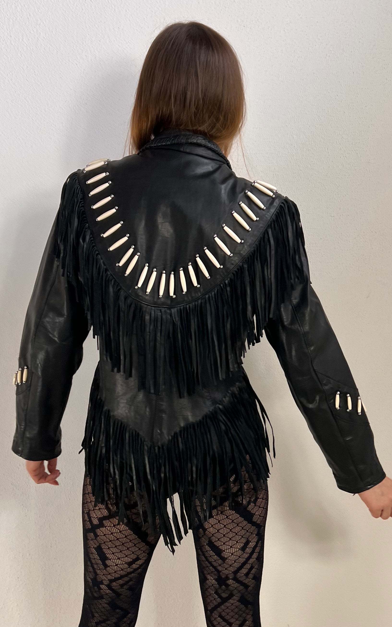 Vintage Black Leather Fringe Jacket with Bone Details