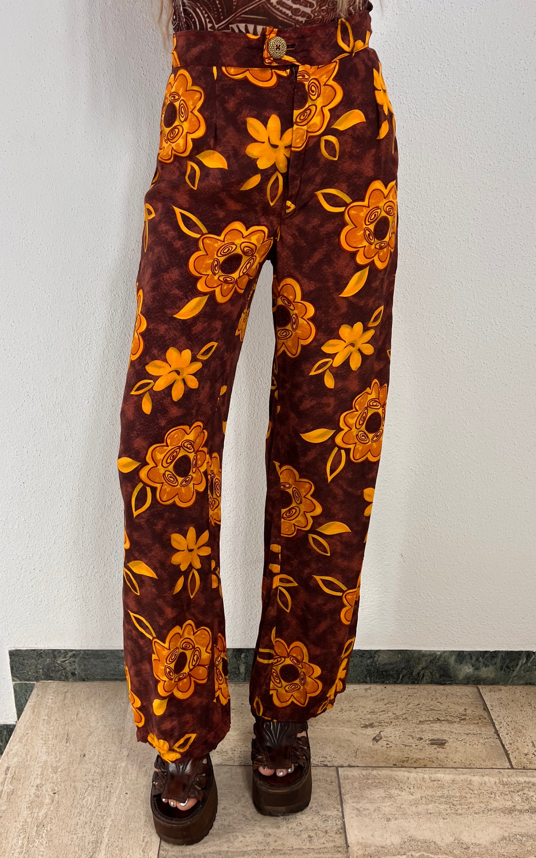 Vintage 70s Brown Floral Print Pants