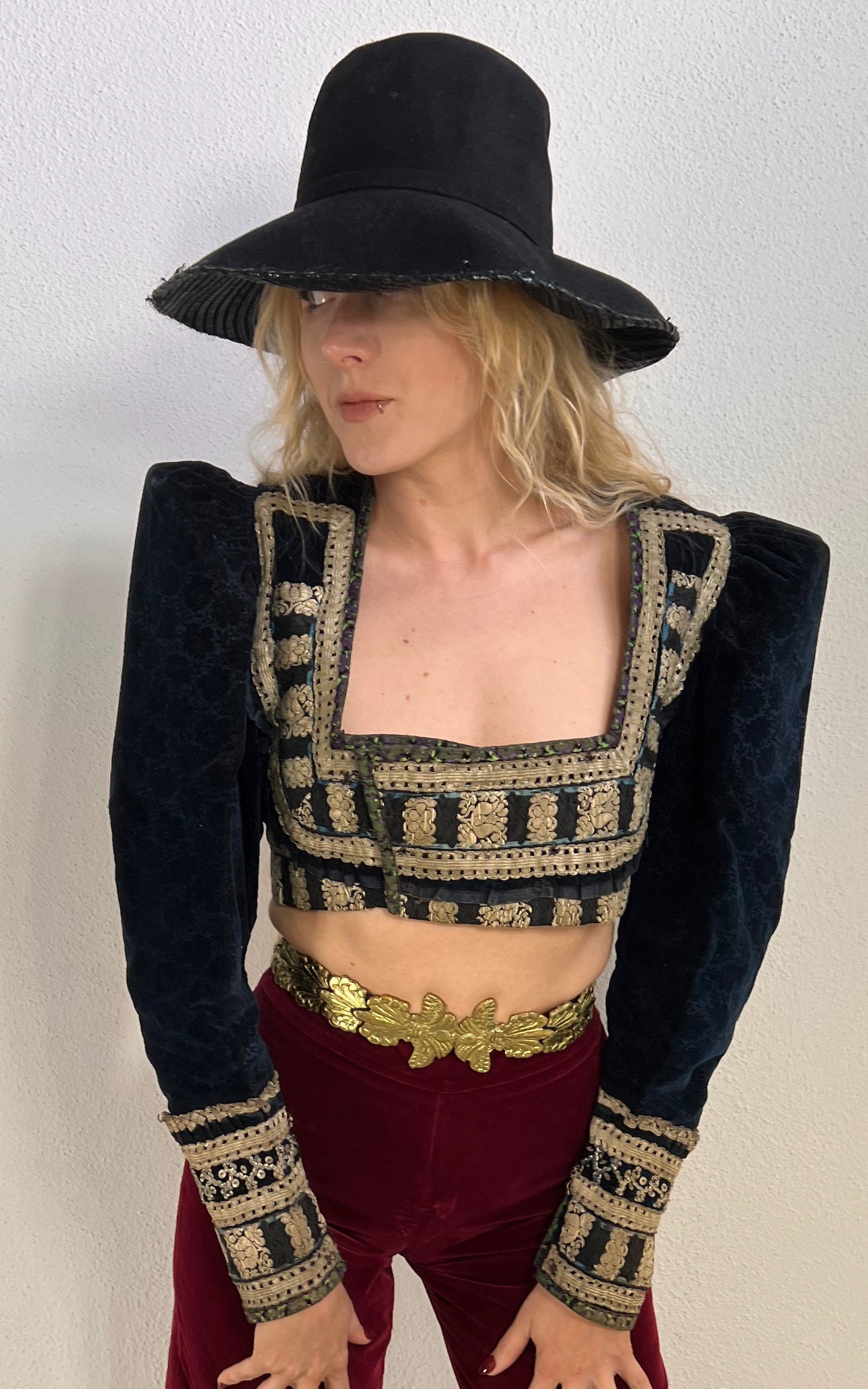 Antique Eastern European Embroidered Velvet Cropped Jacket