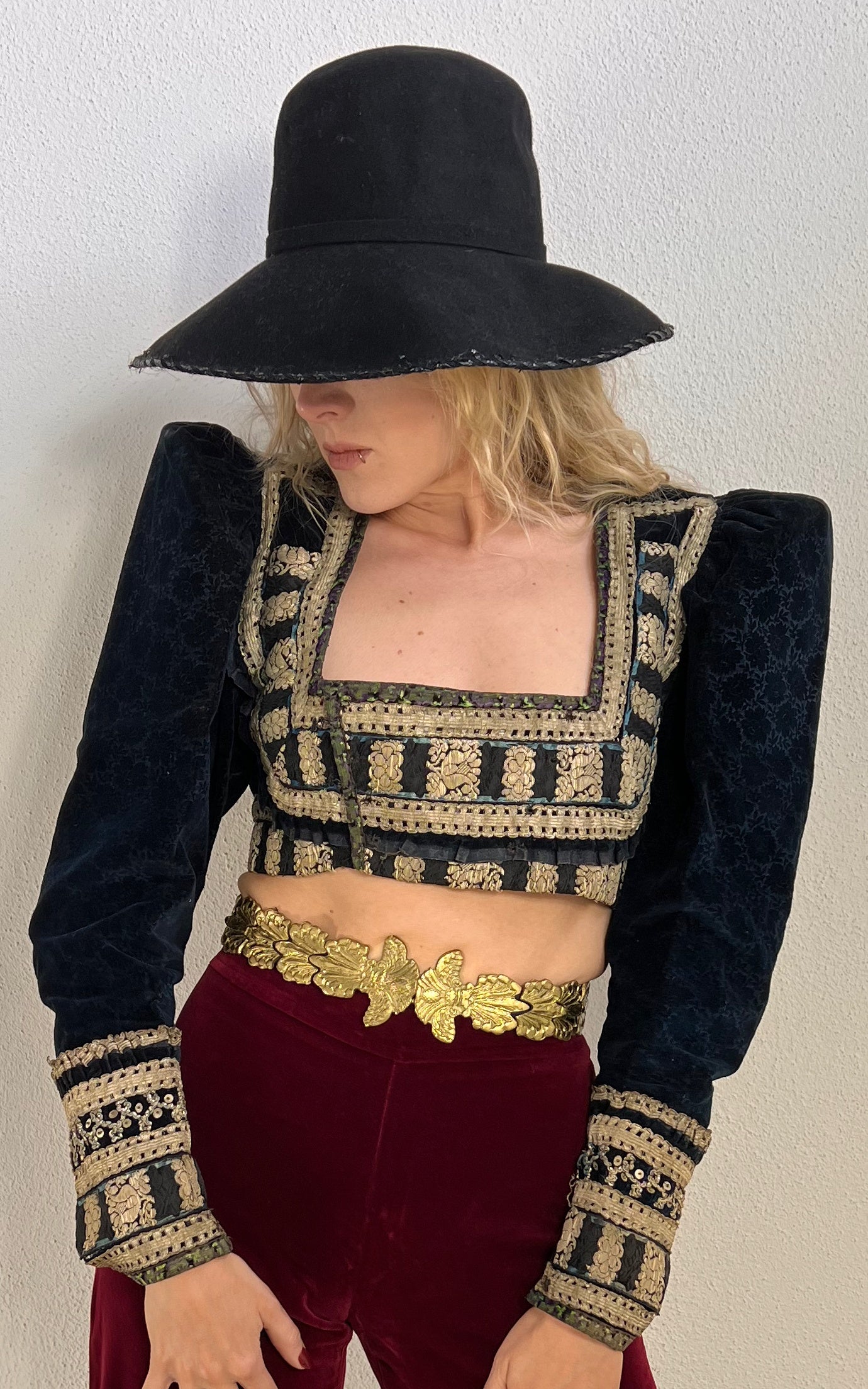 Antique Eastern European Embroidered Velvet Cropped Jacket