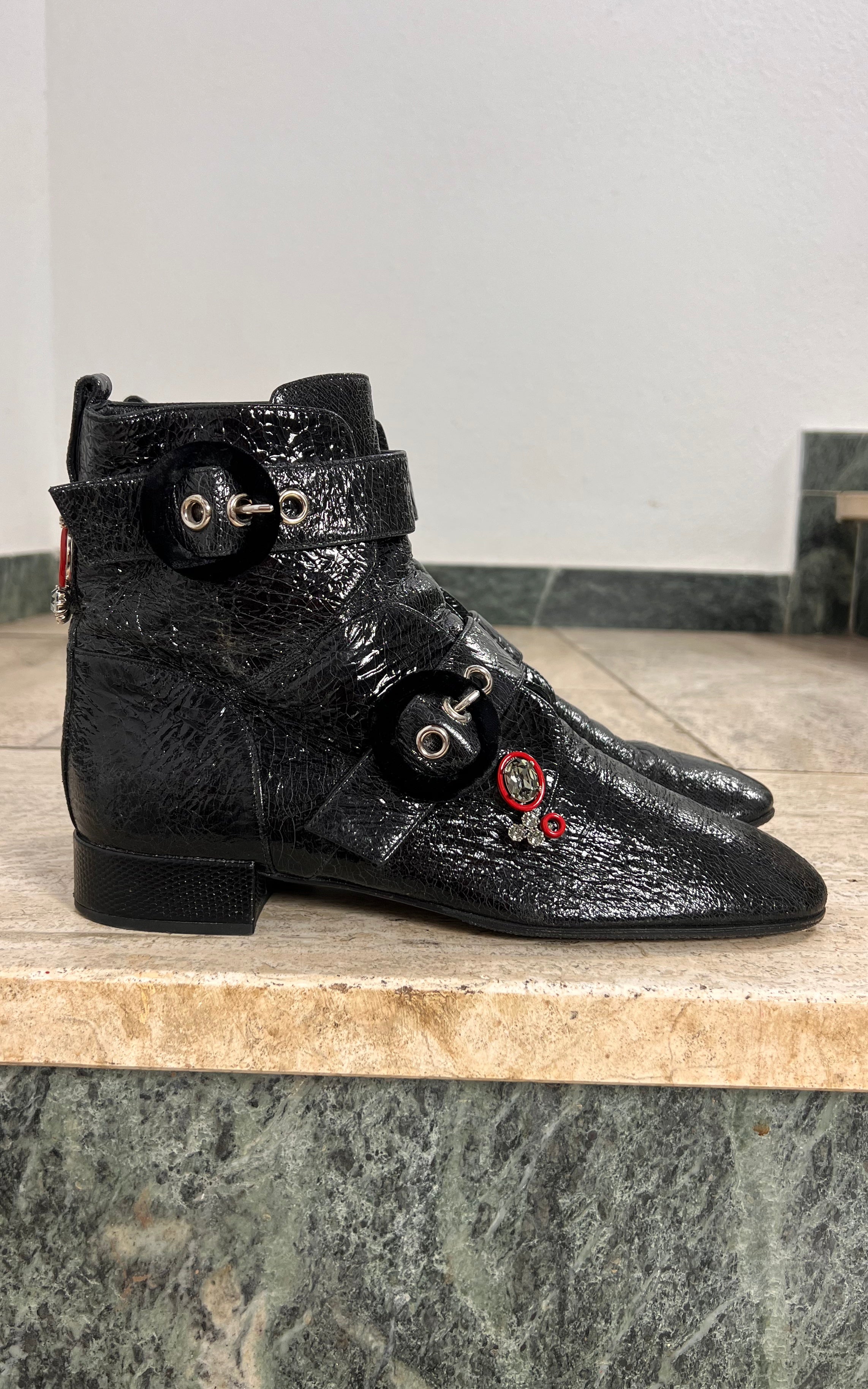 Christian Dior Black Crackle Patent Leather Ankle Boots 39,5 ( 2016 )