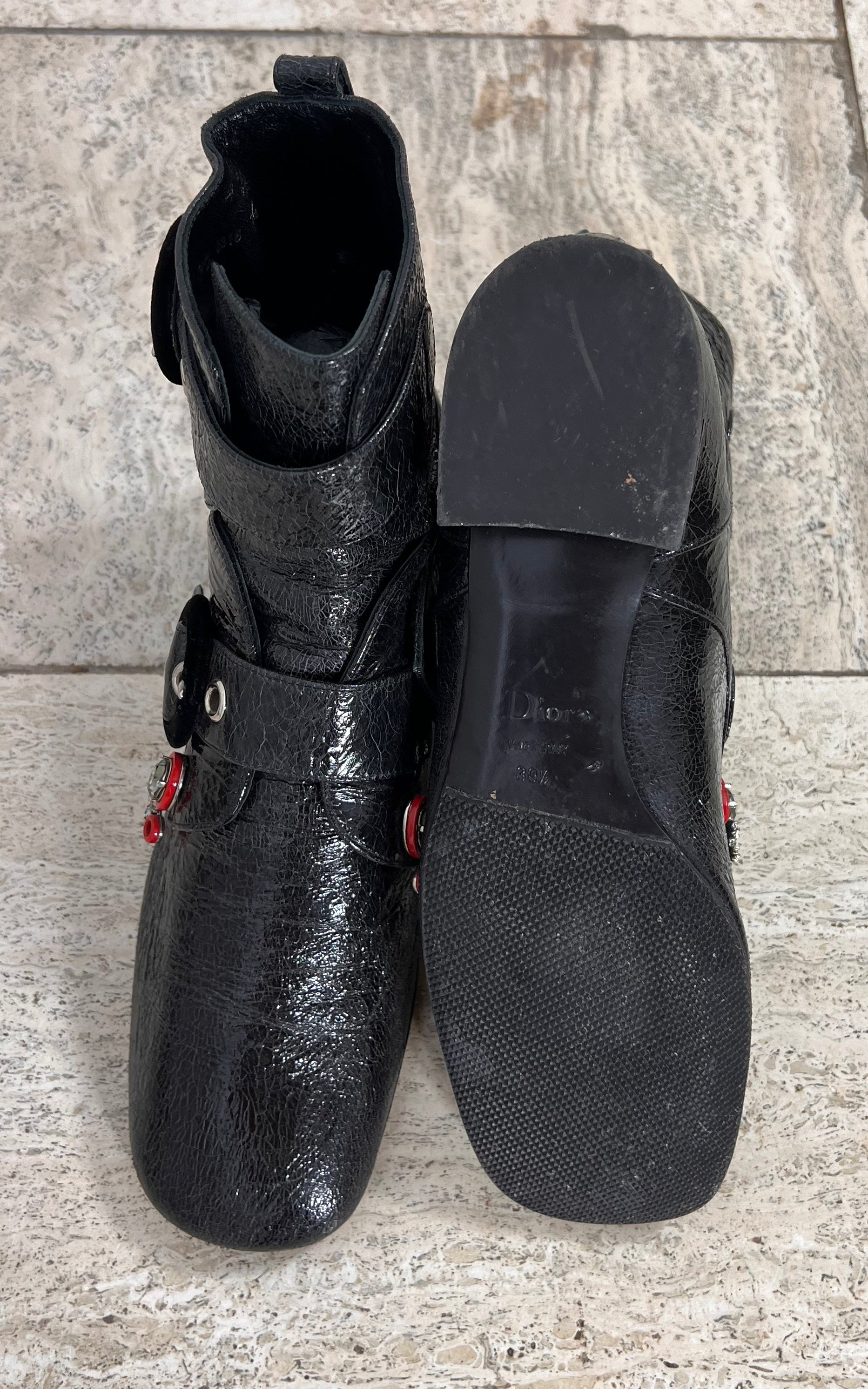 Christian Dior Black Crackle Patent Leather Ankle Boots 39,5 ( 2016 )
