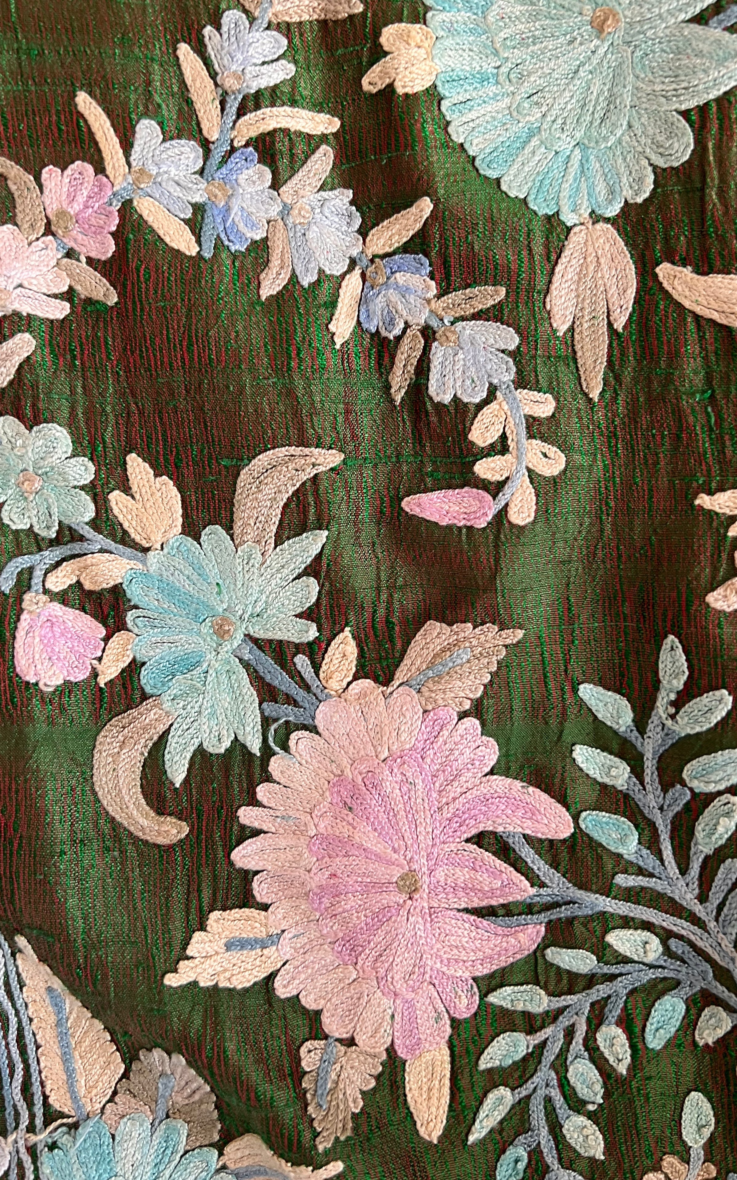 Vintage 70s Floral Silk Embroidered Mini Coat Dress